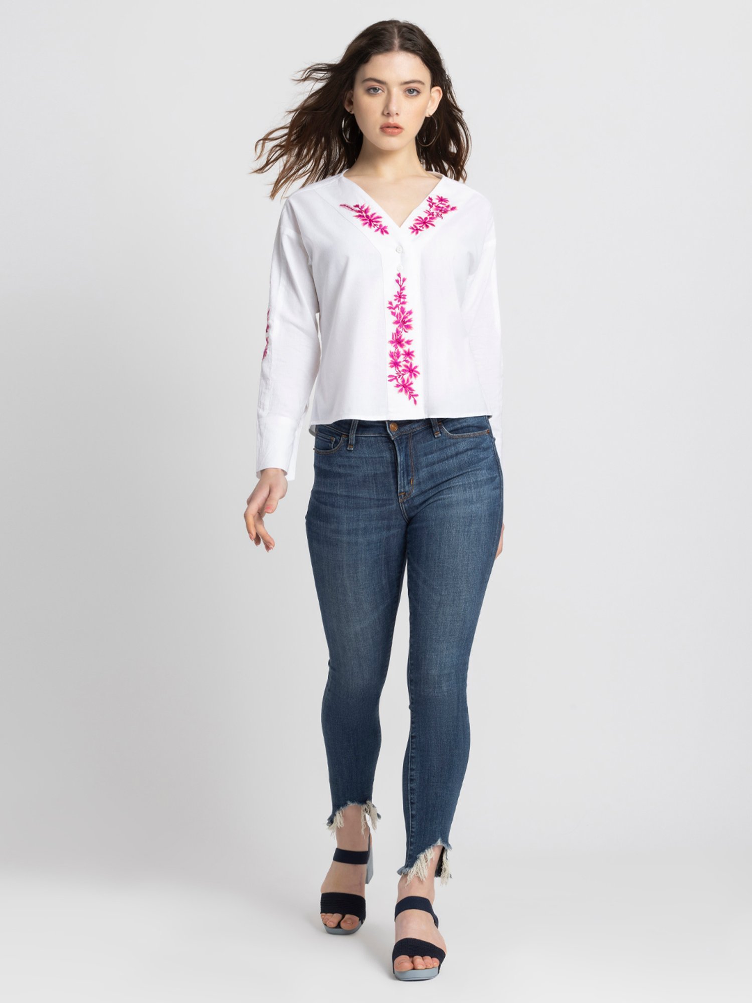 SHAYE White & Pink Cotton Embroidered Top