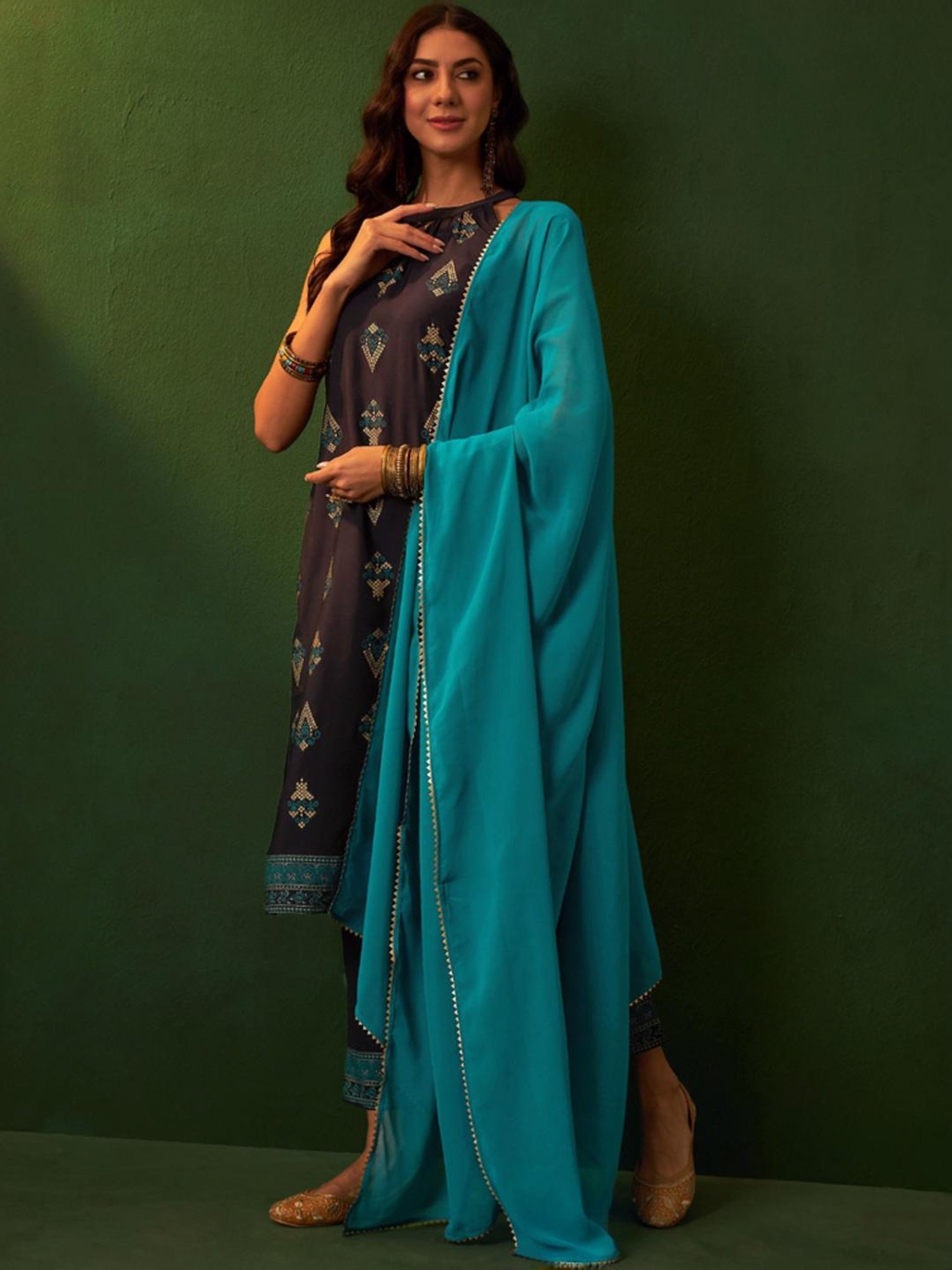 Ziyaa Blue Printed Kurta Pant Set With Dupatta