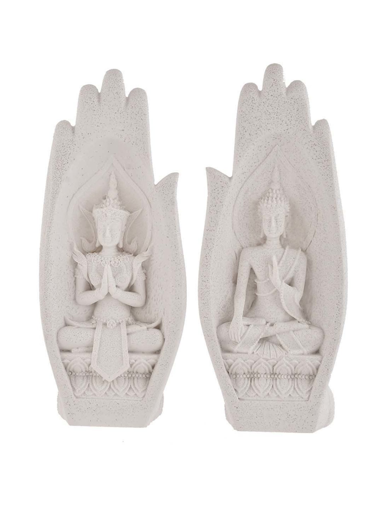 Tayhaa White Resin Palm Of Hand Meditating Buddha - Set of 2