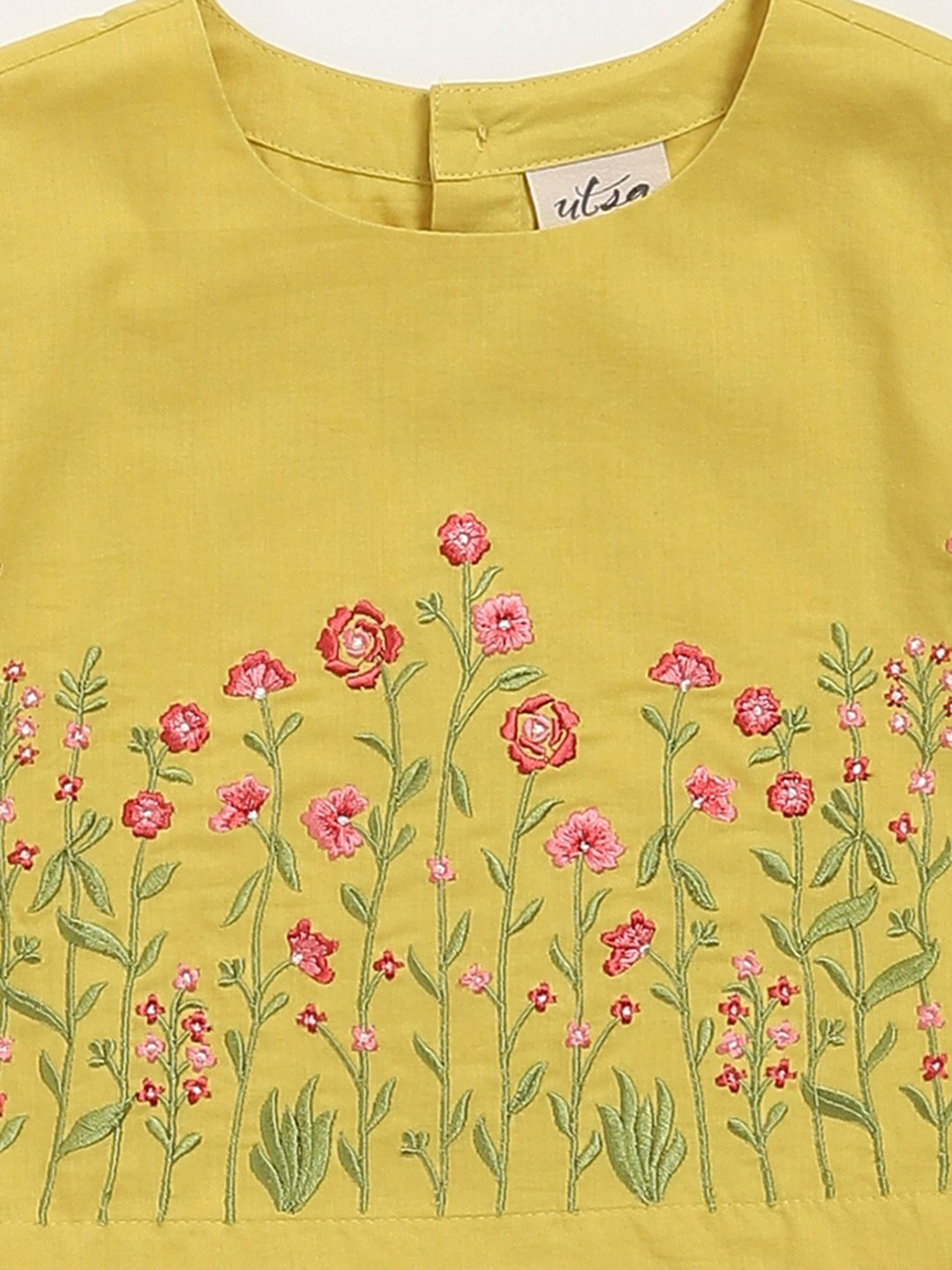 Utsa Kids by Westside Mustard Floral Embroidered Cotton Top