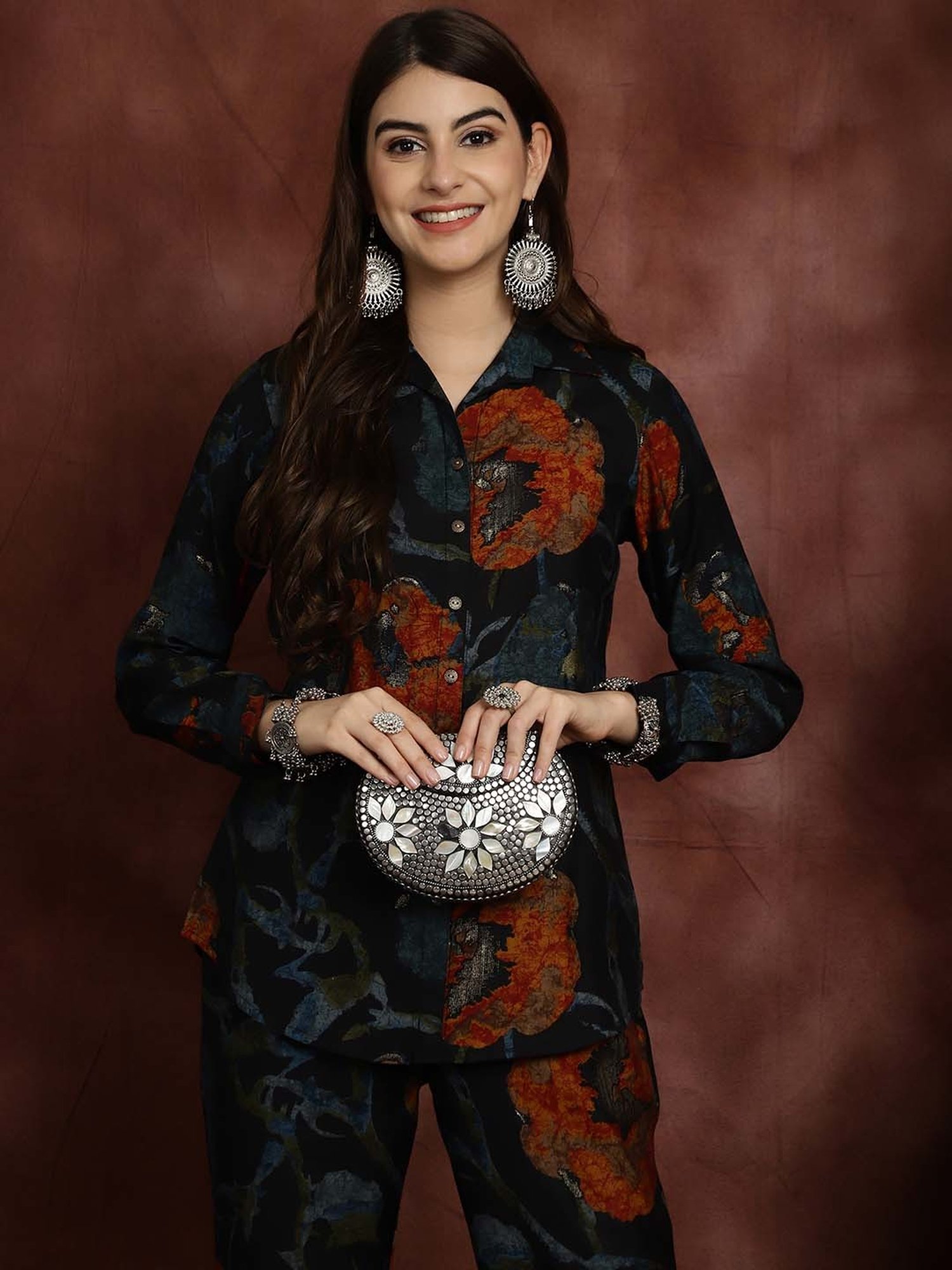 Claura Navy Printed Shirt Pant Set