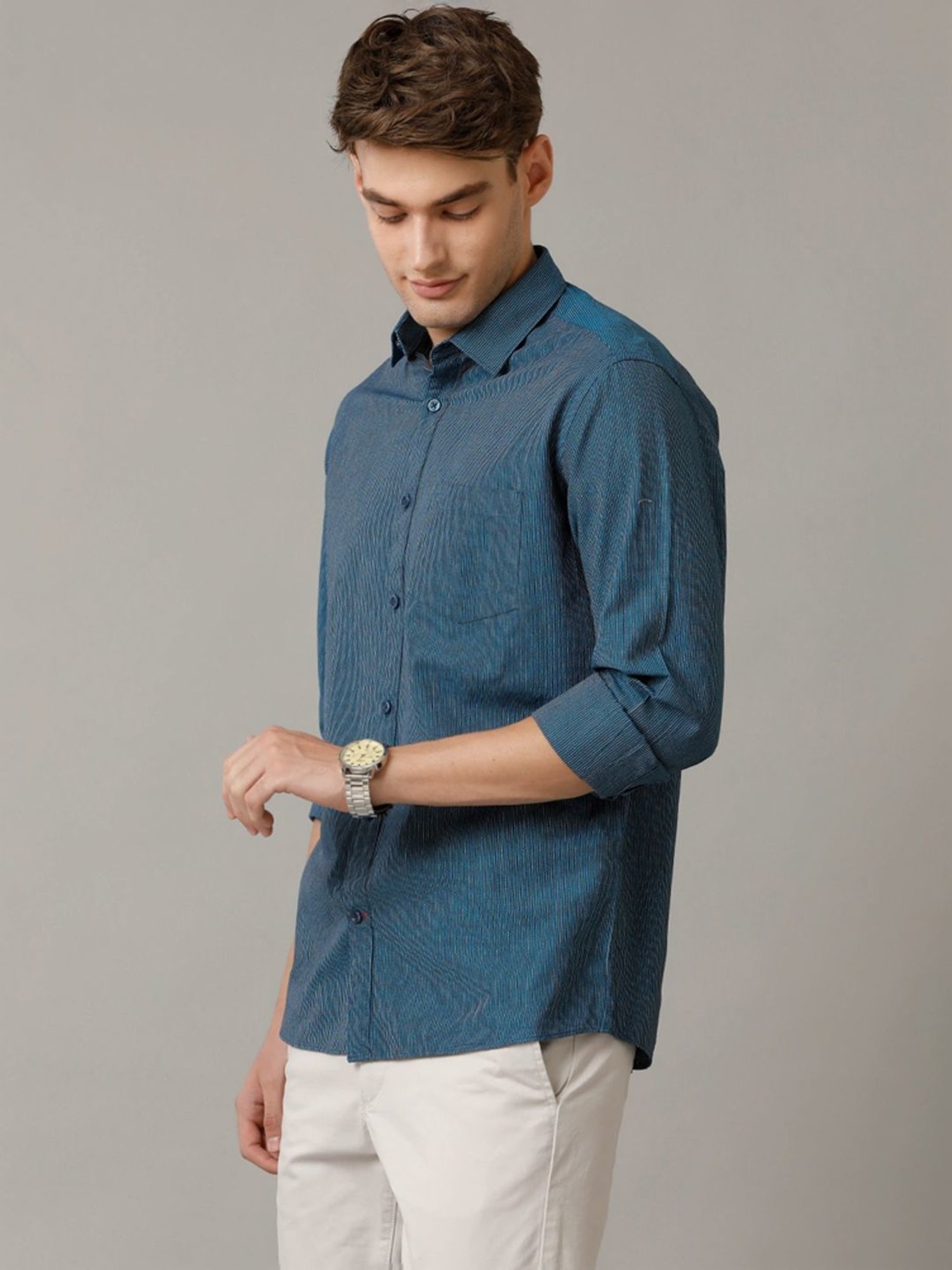 Cavallo By Linen Club Blue Linen Contemporary Fit Texture Shirt