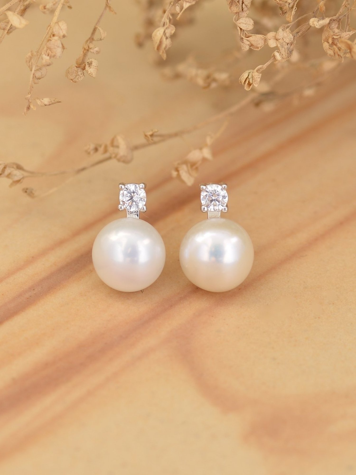 925 Silver Freshwater Pearl and American Diamond Stud Earrings for Women & Girls