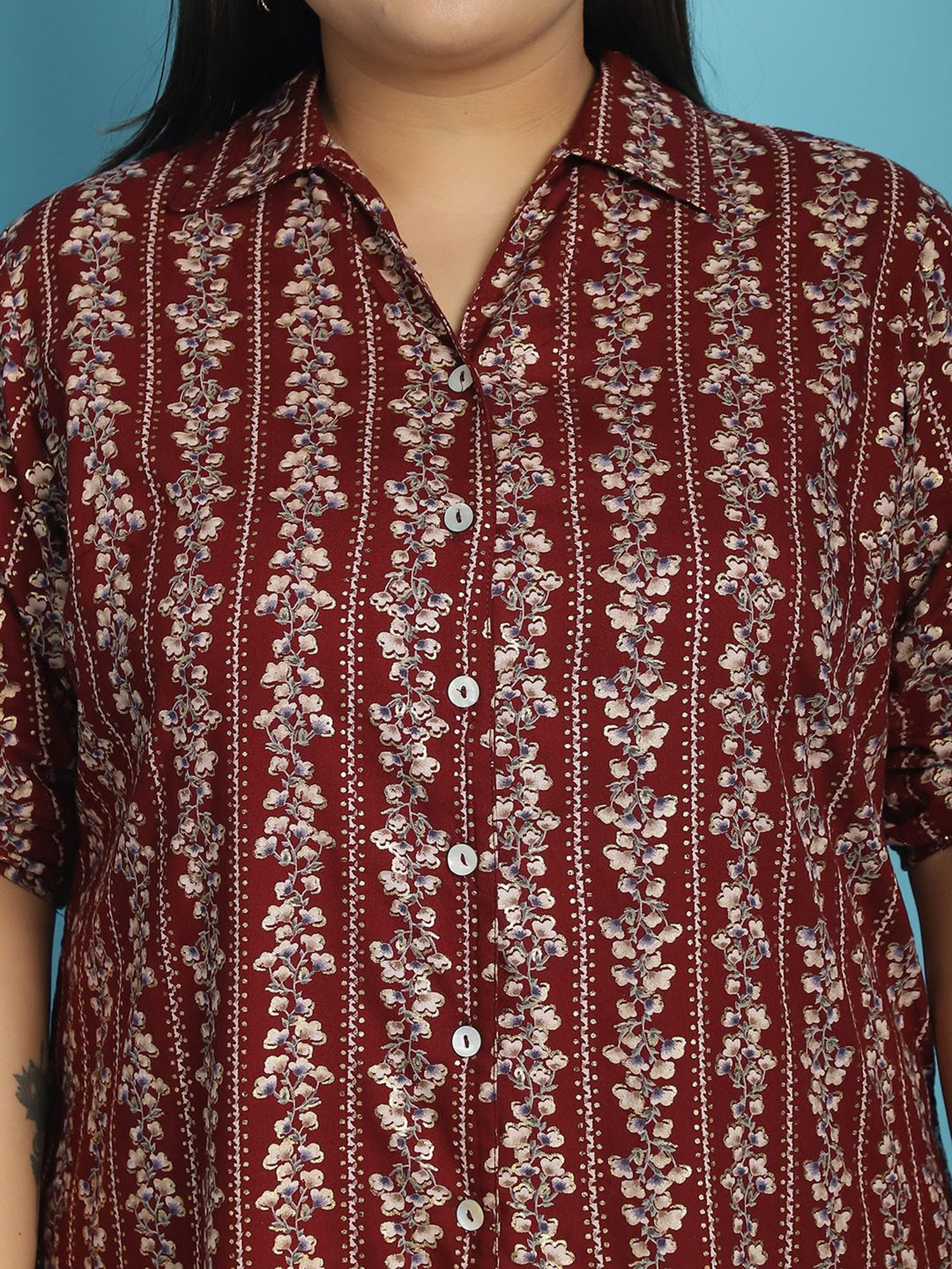theRebelinme Maroon Floral Print Shirt