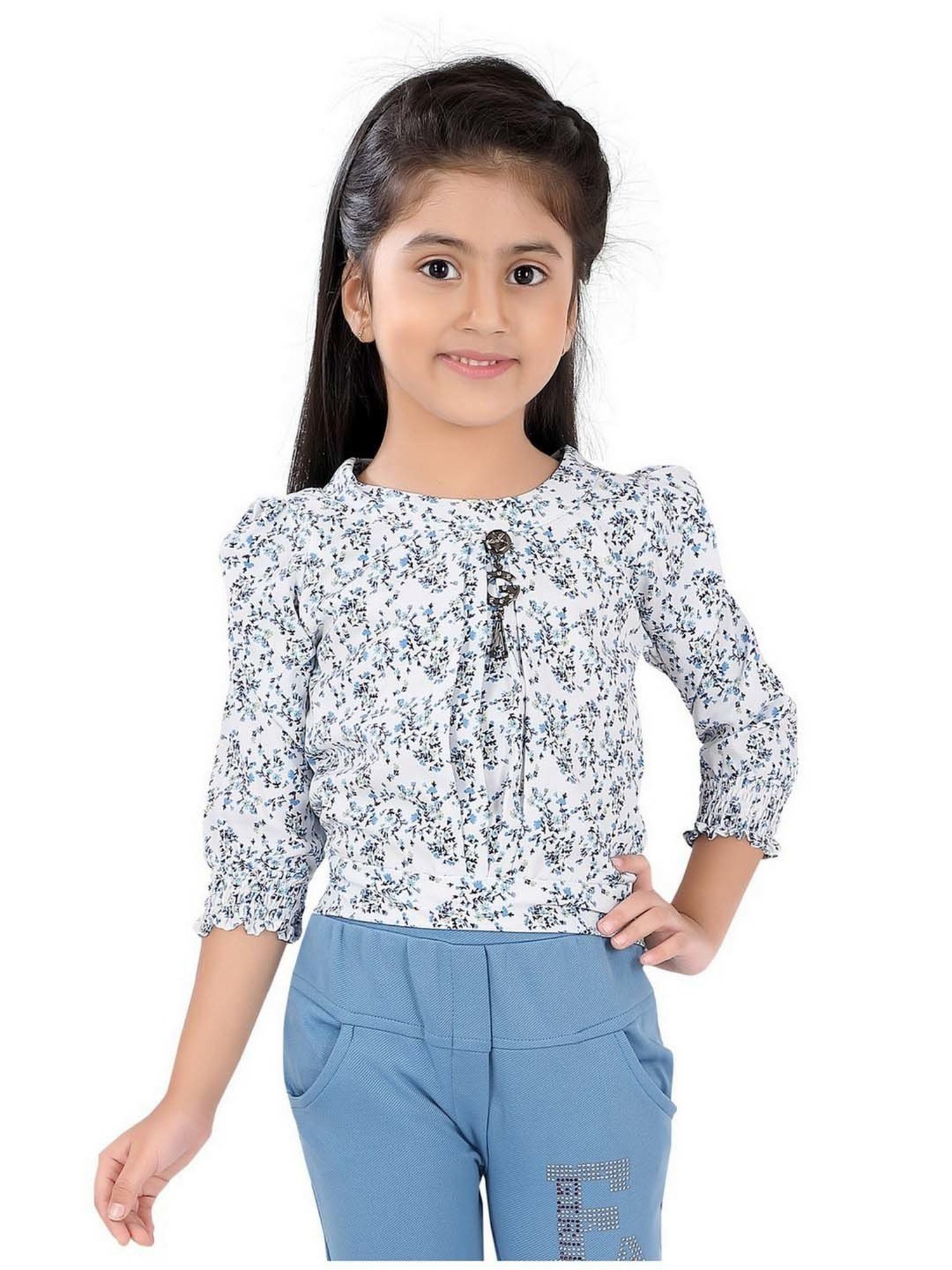 poplins Kids Blue & White Cotton Floral Print Top