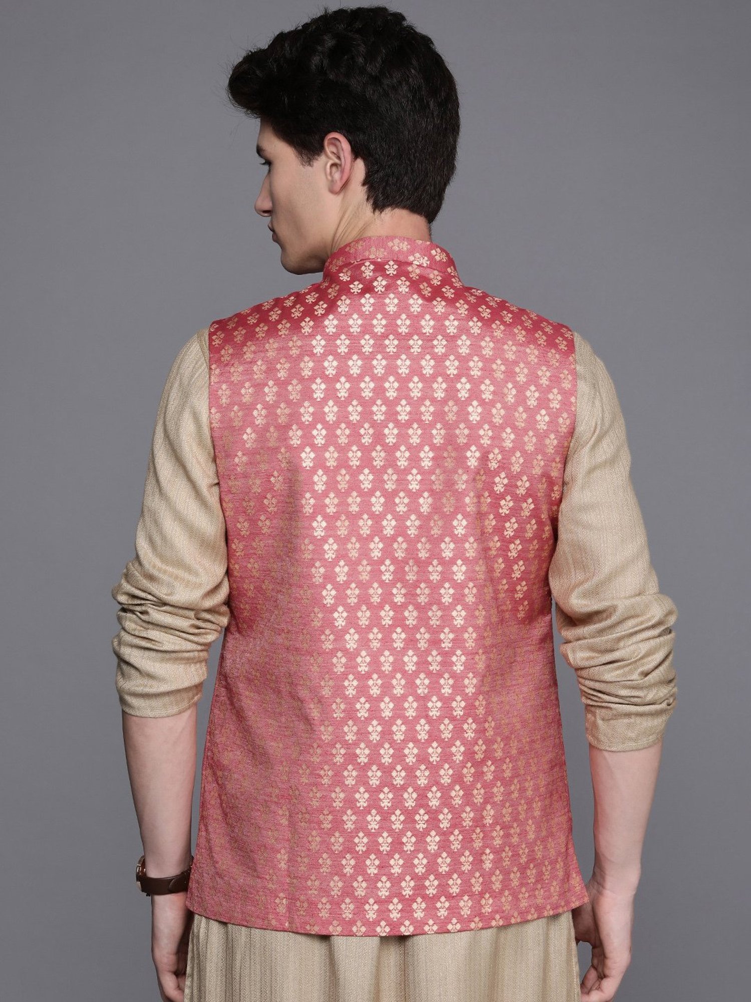 Manyavar Brick Red Regular Fit Self Design Nehru Jacket