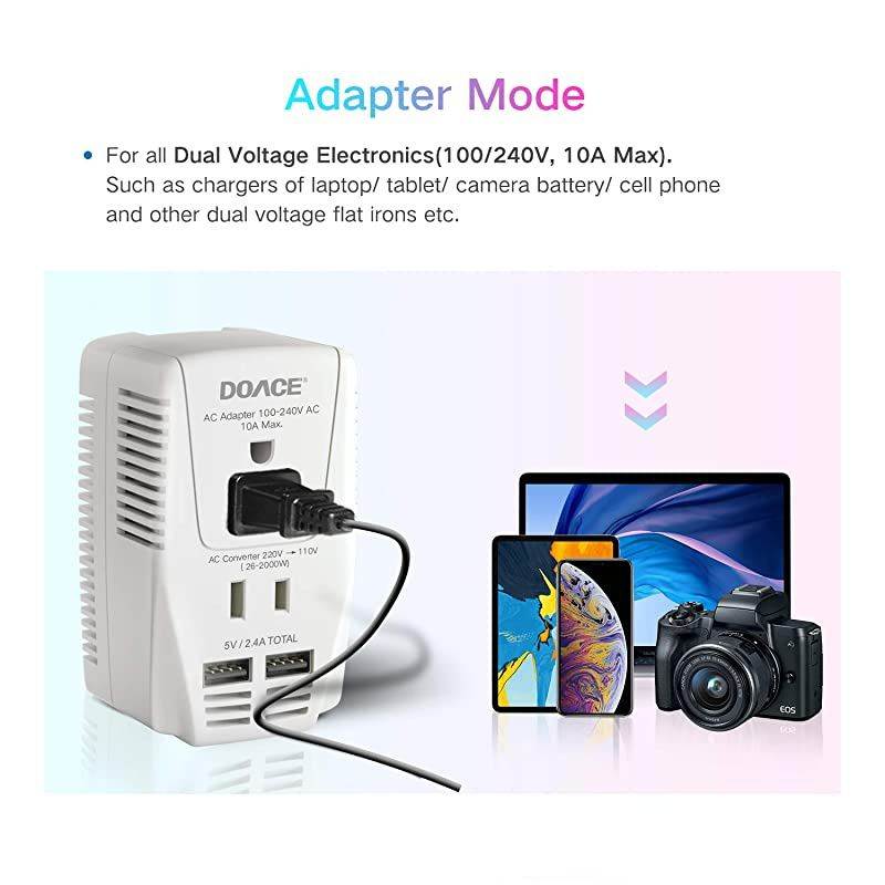 Upgraded  C11 2000W Travel Voltage Converter for Hair Dryer Straightener Curling Iron, Step Down 220V to 110V, 10A Power Adapter with 2 USB and EU/UK/AU/US Plugs for Laptop Camera Cell Phone