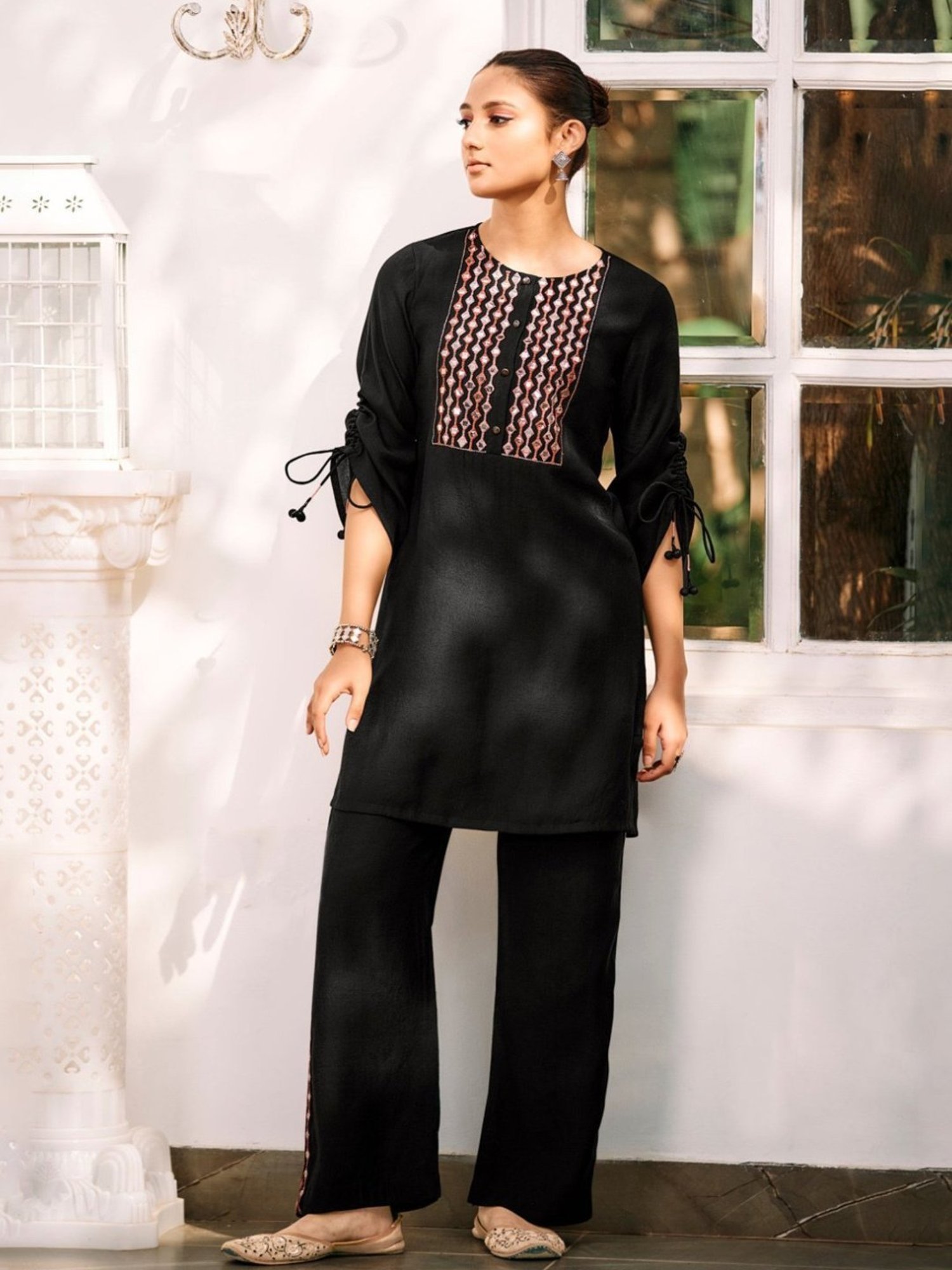 Autumnlane Lama Black Embroidery Tunic with Pant Co-ord Set