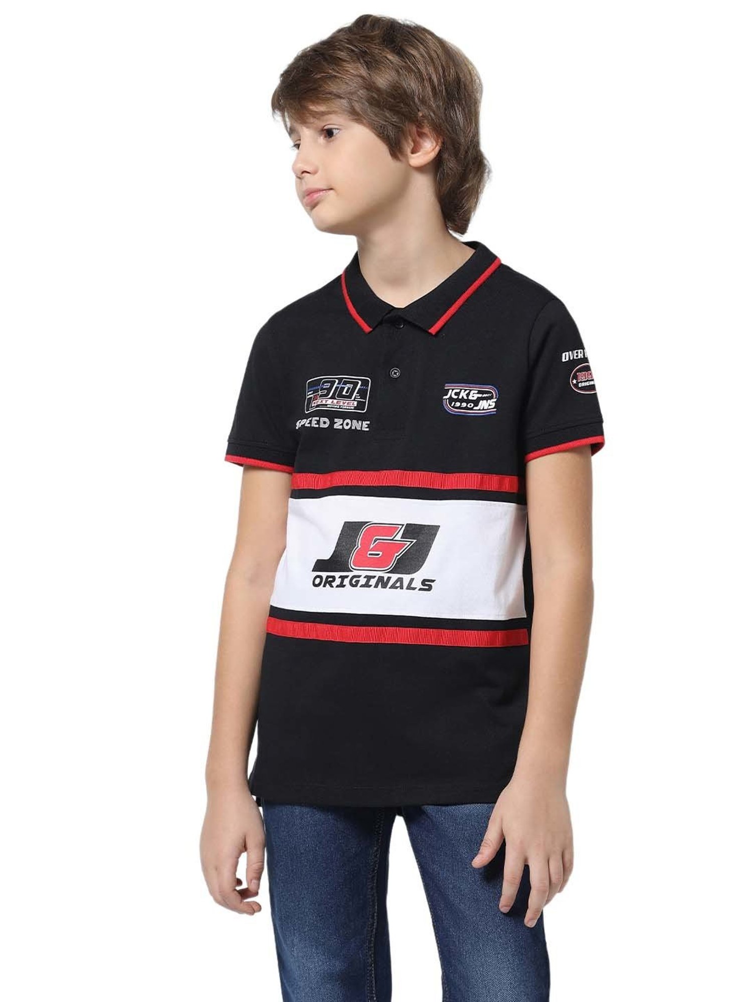 Jack & Jones Junior Jet Black & White Cotton Color Block Polo T-Shirt