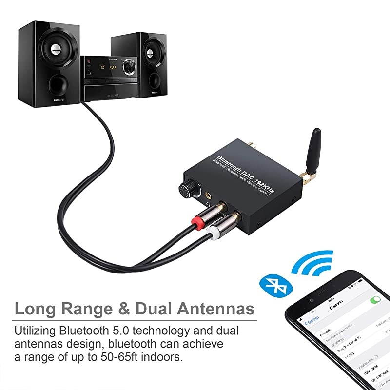 Digital to Analog Audio Converter with Bluetooth Receiver Volume Adjustment DAC Optical Coaxial Digital Audio to Stereo Analog RCA & 3.5mm for Home Theater