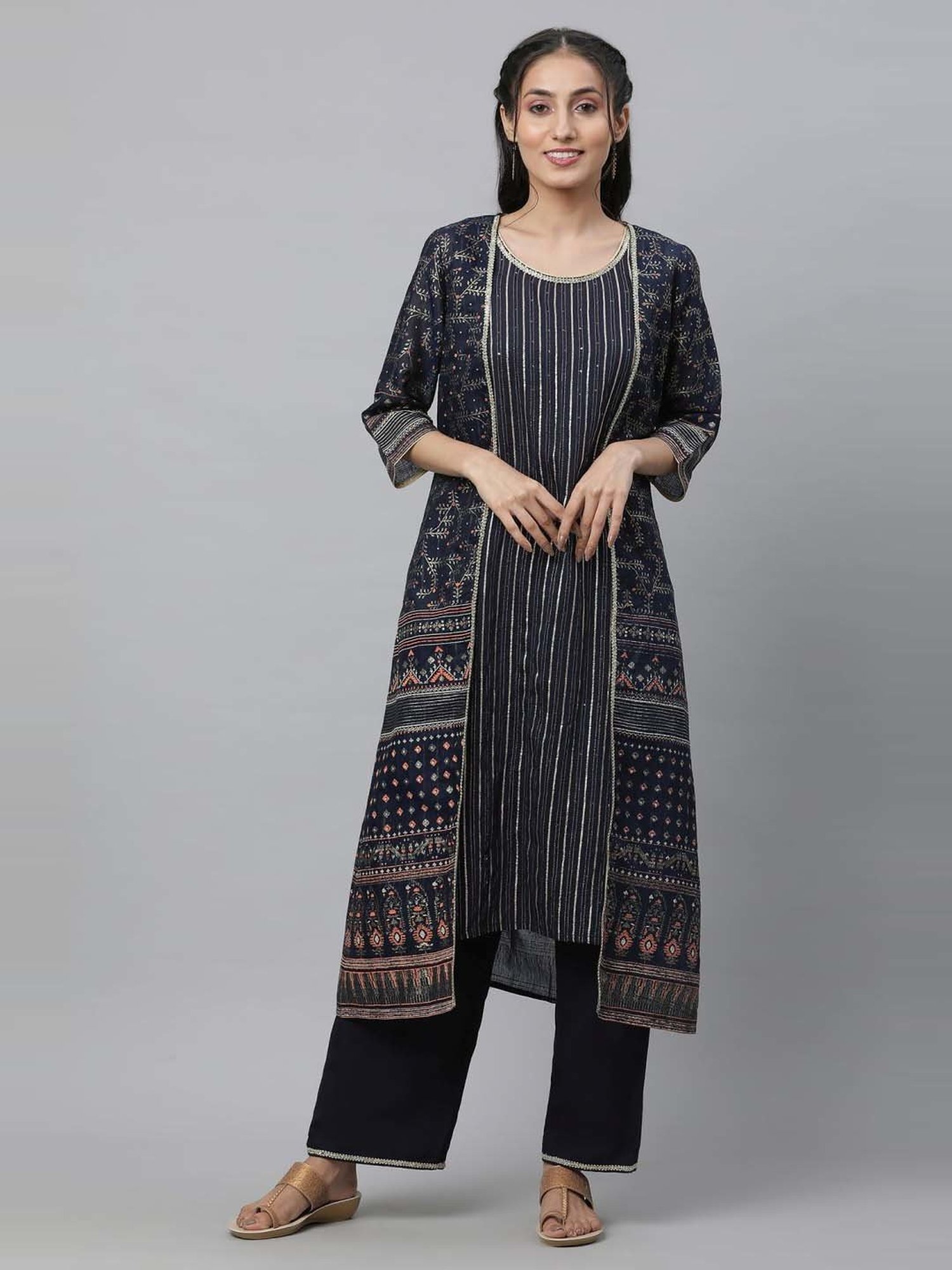 Aurelia Blue Linen Printed Kurta Pant Set With Jacket