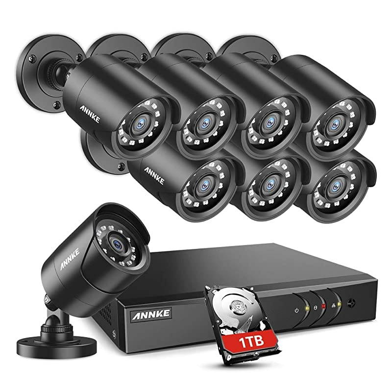 5MP Lite Security Camera System Outdoor 8 Channel H.265+ DVR and 8X1920TVL IP66 Weatherproof Home CCTV Cameras, Smart Playback, Instant Email Alert with Images, 1TB Hard Drive - E200