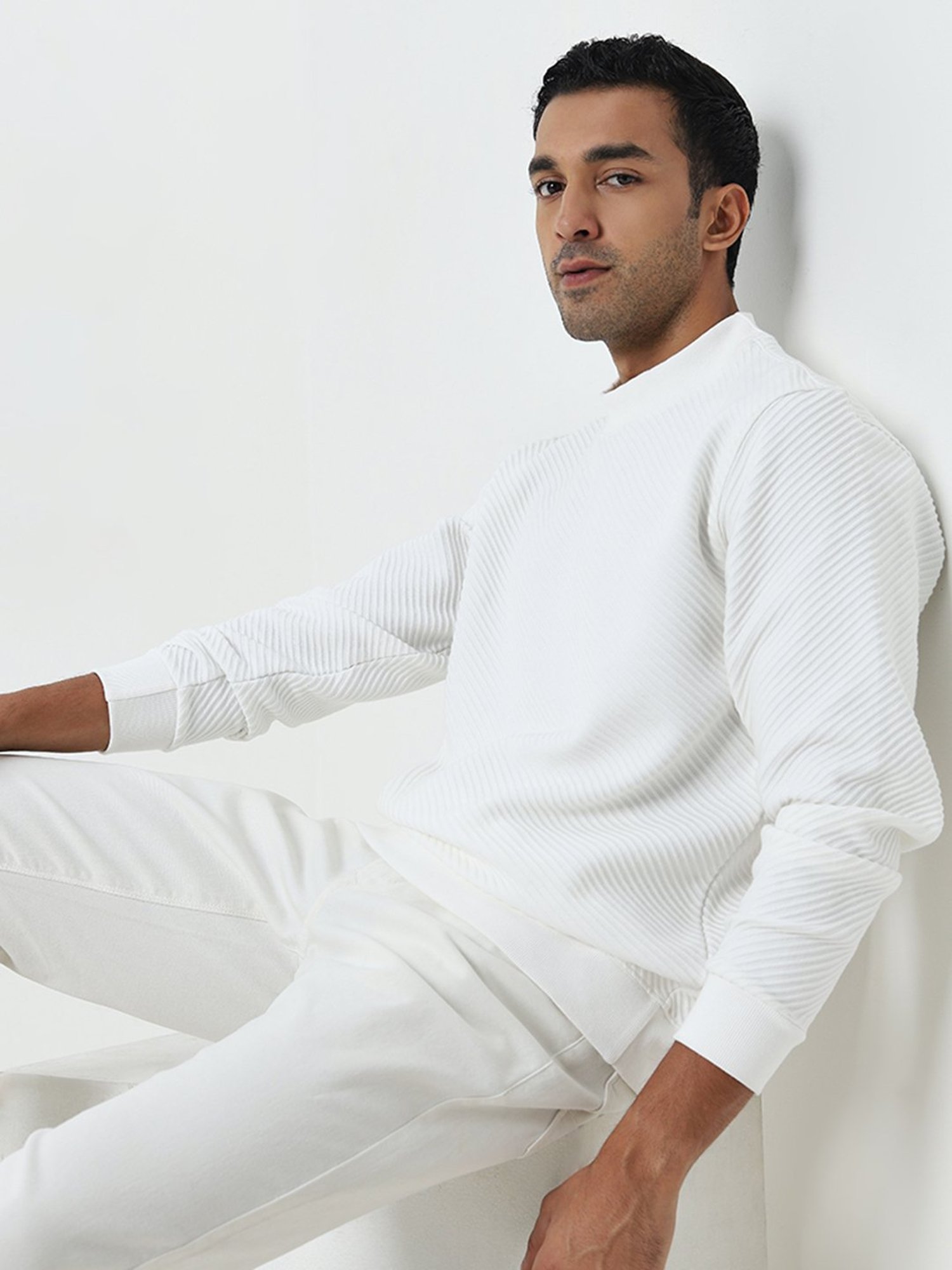 Ascot by Westside White Ribbed-Textured Relaxed-Fit Sweatshirt