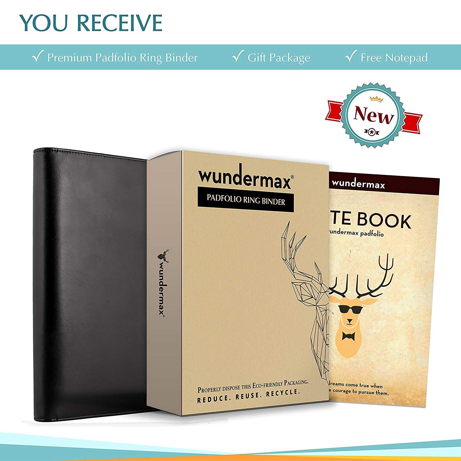 Wundermax Portfolio Binder A Zippered Padfolio with 3 Ring Binder Document Organizer Professional Interview PU Leather Folder Resume Holder Work Portfolio with Notebook and 10.1 Inch Tablet Sleeve