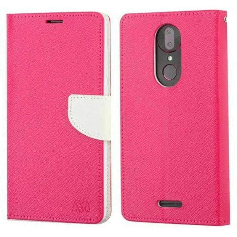 For Coolpad Revvl Plus T-Mobile Hot Pink White MyJacket Leather Case w/stand