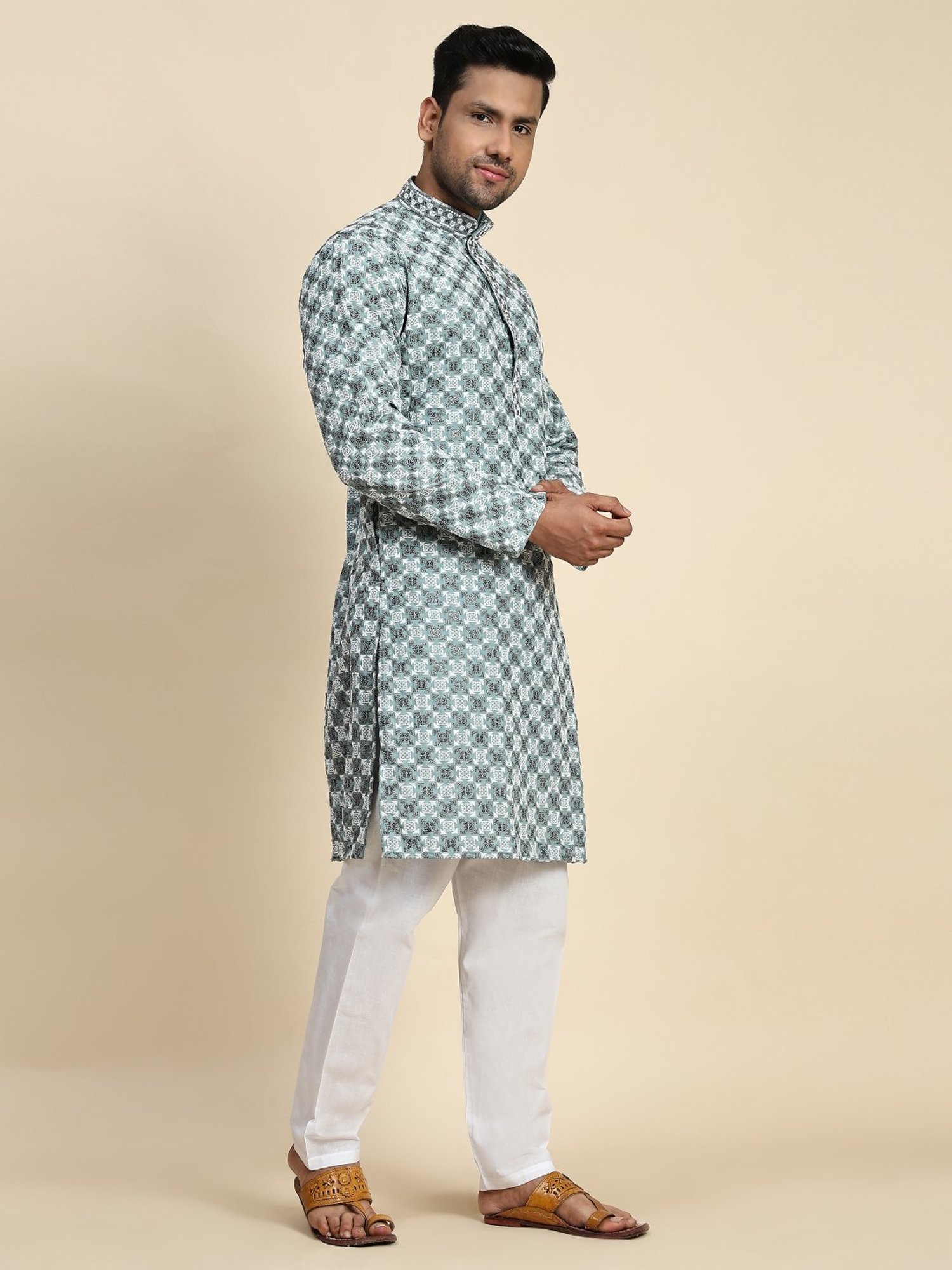 Pro-Ethic Style Developer Firozi & White Cotton Regular Fit Embellished Kurta Bottom Set