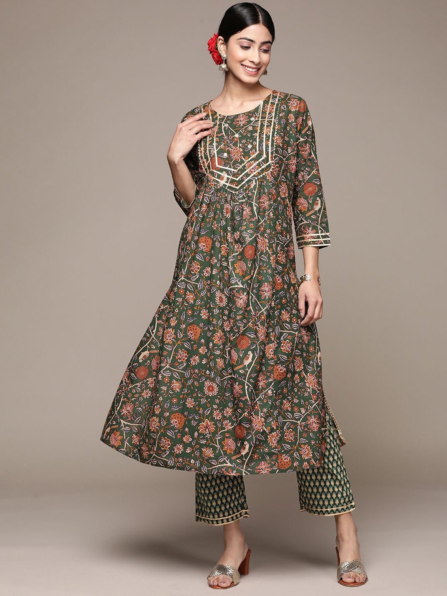 Anubhutee Green Cotton Floral Print Kurta Palazzo Set