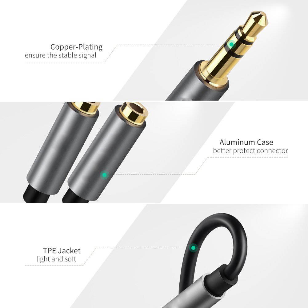 Wanmingtek 2-PACK Headphone Splitter, [Hi-Fi Sound, Copper Shell] 3.5mm Male to 2 Dual 3.5mm Female Audio Splitter Cord Nylon-Braided Stereo Y Splitter for iPhone, Samsung, Smartphones, Tablets-Gray