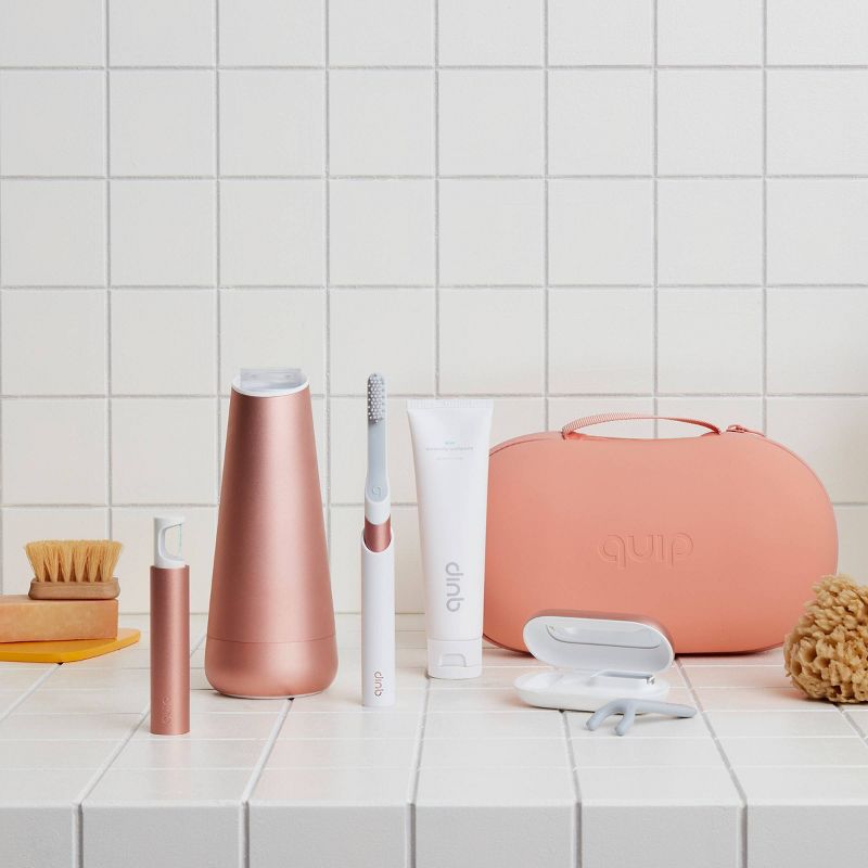 quip Plastic Refillable Mouthwash Starter Kit - Reusable Dispenser + Cup - 45-Use / 4x Concentrate / Mint Anticavity Fluoride Refill Included - White