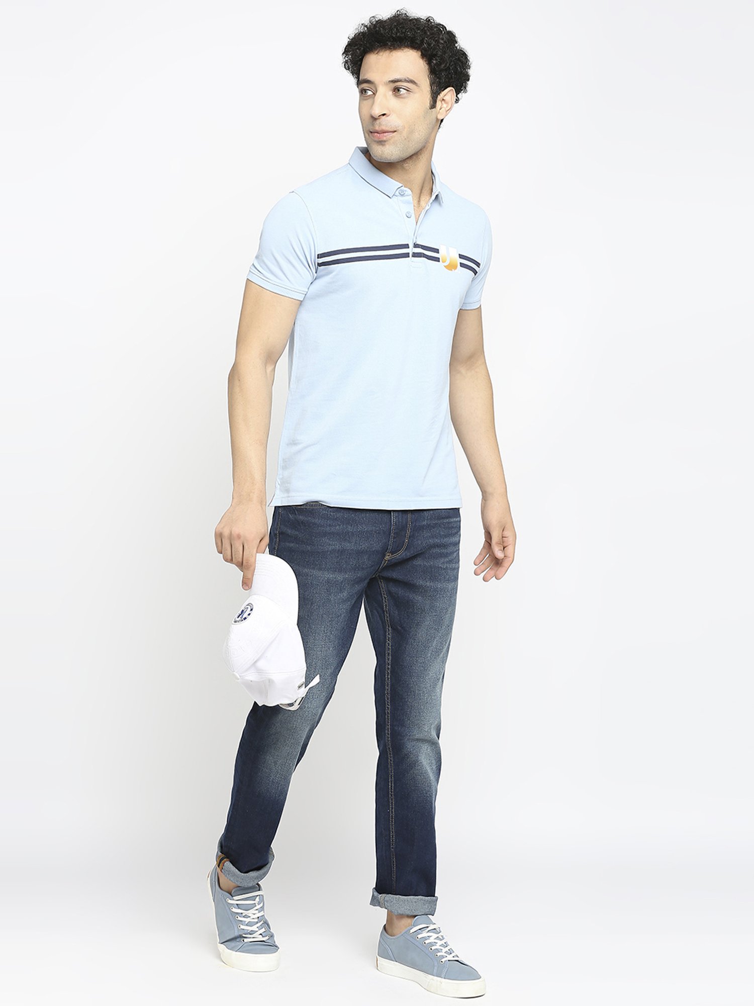 UnderJeans by Spykar Powder Blue Regular Fit Printed Polo T-Shirt