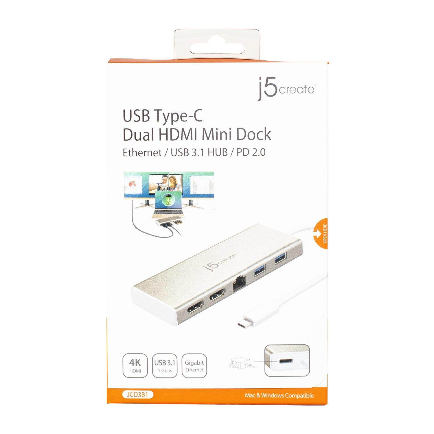 j5create USB C Hub Adapter Dock Type C Adapter USB Docking Station | Dual HDMI & 2X USB-A 3.0 Ports, Ethernet | Power Delivery (PD) 2.0 | 4K Resolution Display | Windows/macOS 10.8 or Later