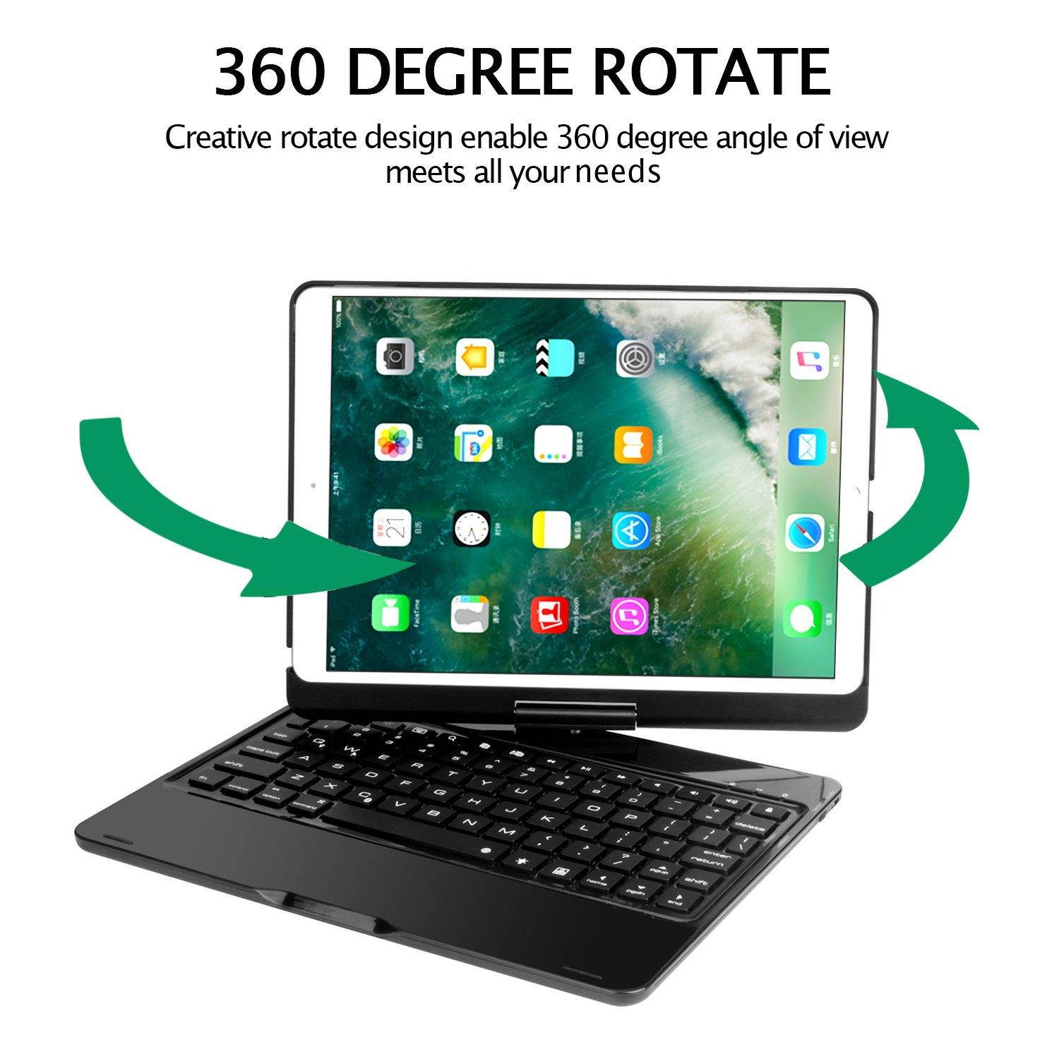 Earto iPad Pro 10.5 Keyboard Case Compatible iPad Pro 10.5(A1701/A1709), 360 Rotatable Wireless Backlit Keyboard Case/Aluminium Alloy Slim Case/Smart Auto Sleep-Wake Case (Black)