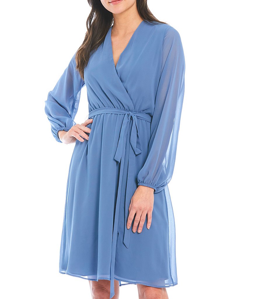 Marina Long Sleeve V-Neck Tie Front Chiffon Wrap Dress