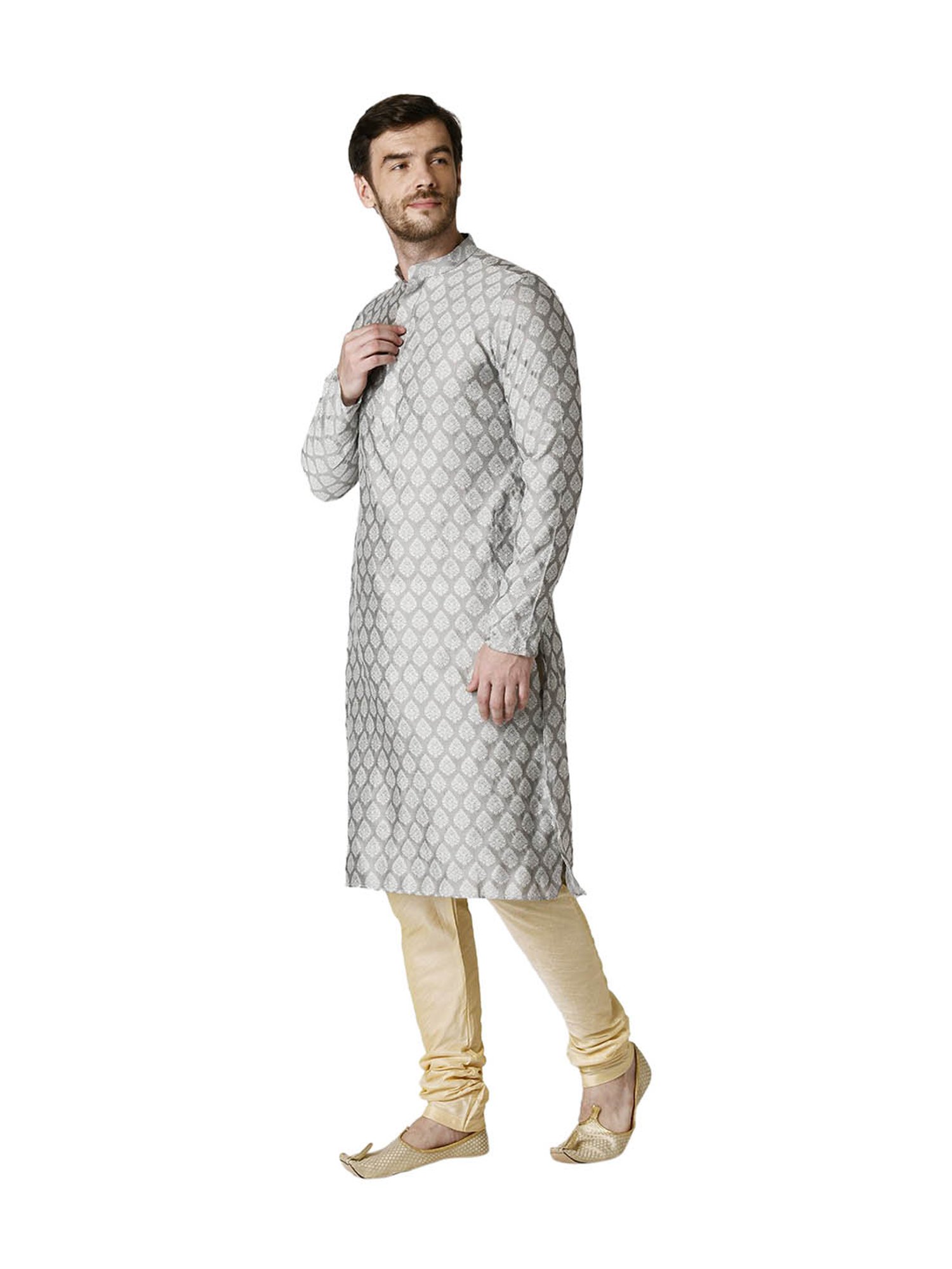 Tabard Light Grey & Beige Printed Kurta & Churidar Set
