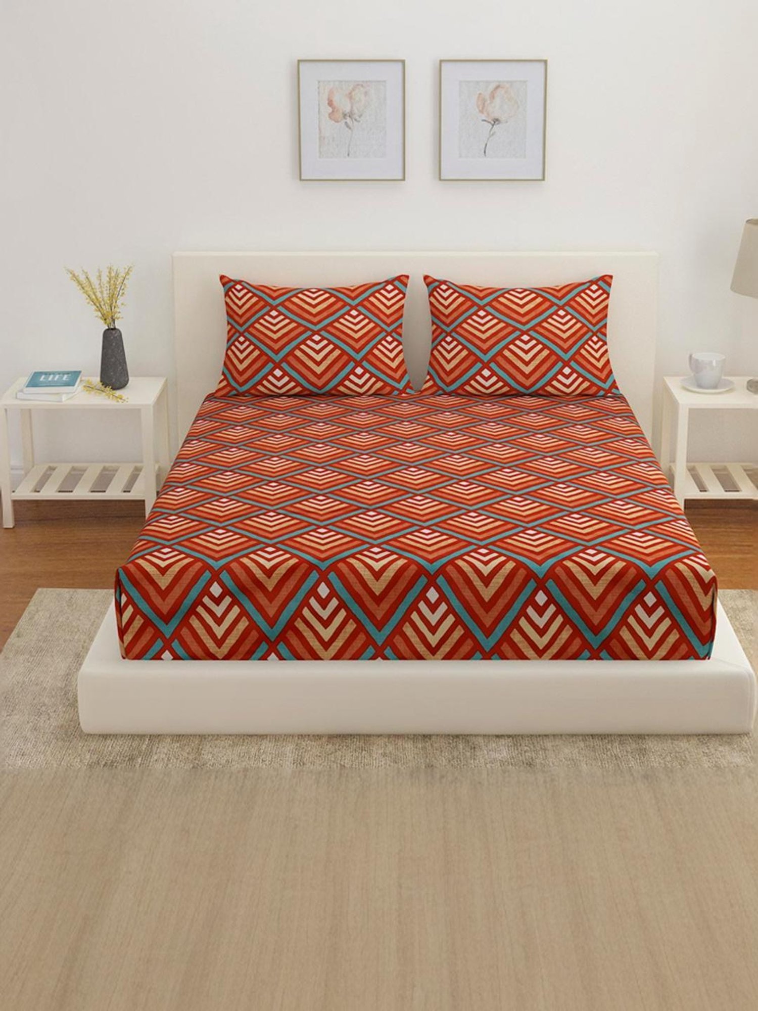 @Home Arias Red 165 TC Cotton King Bedsheet with 2 Pillow Covers
