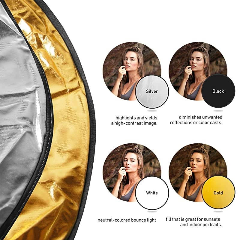 43" Photography Photo Video Studio Lighting Disc Reflector, 5-in-1, 5 Colors, Black, White, Gold, Silver, Translucent, AGG808