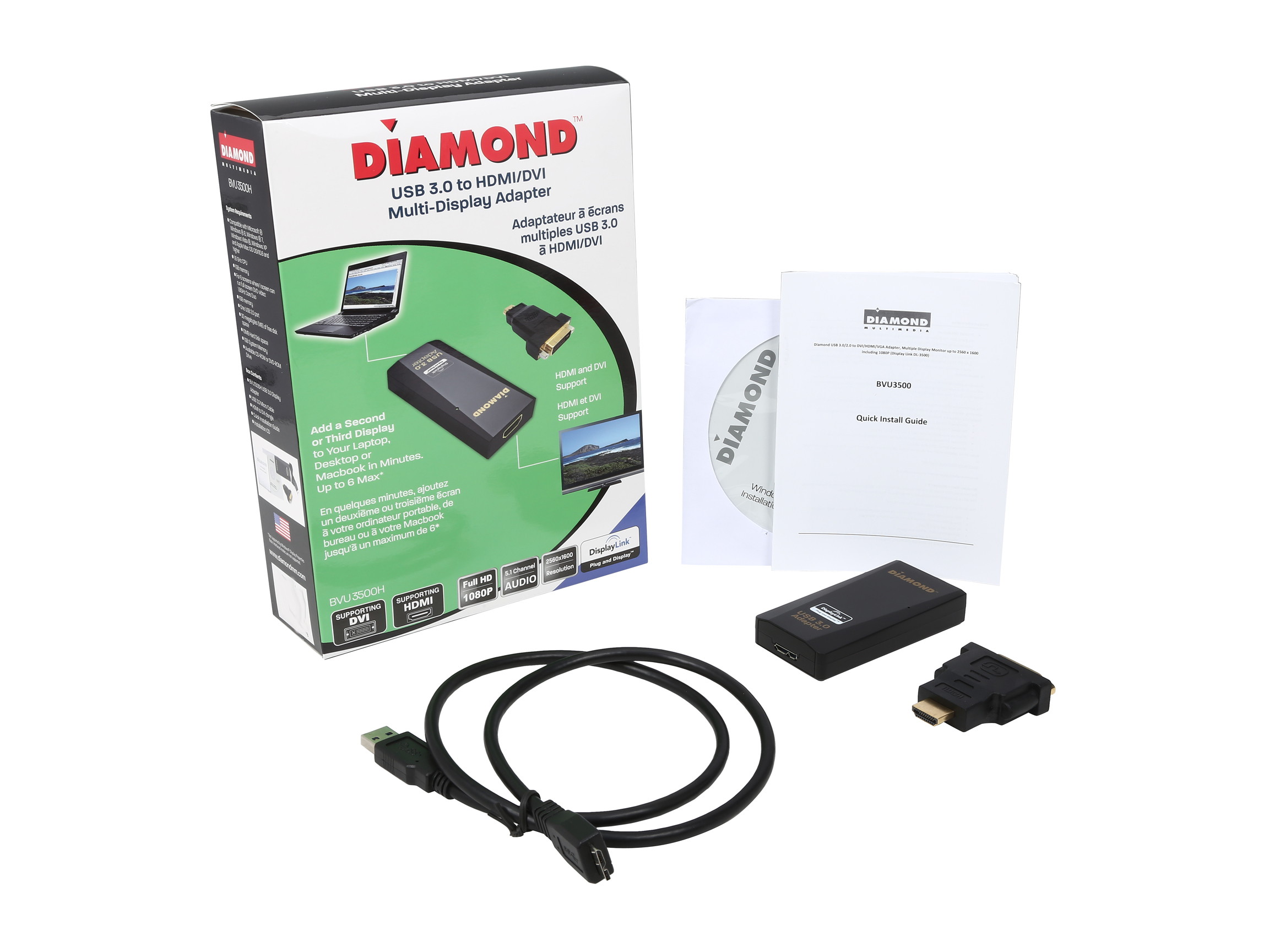 The Diamond Multimedia BVU3500H USB 3.0 to HDMI/DVI adapter, Multiple Display Monitor up to 2048 x 1152 and 1080P resolutions (Display Link DL-3500)