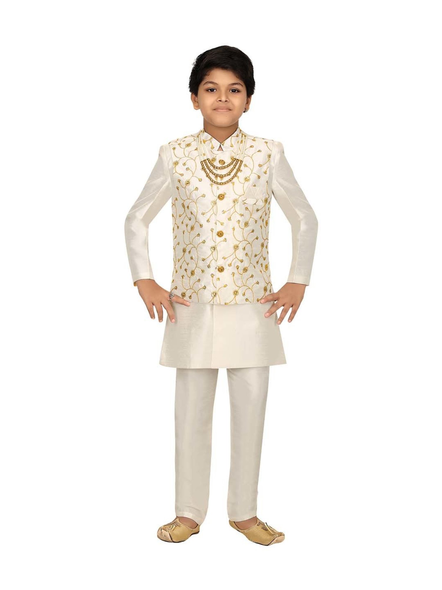 Ahhaaaa Kids White & Golden Cotton Embroidered Full Sleeves Kurta Set