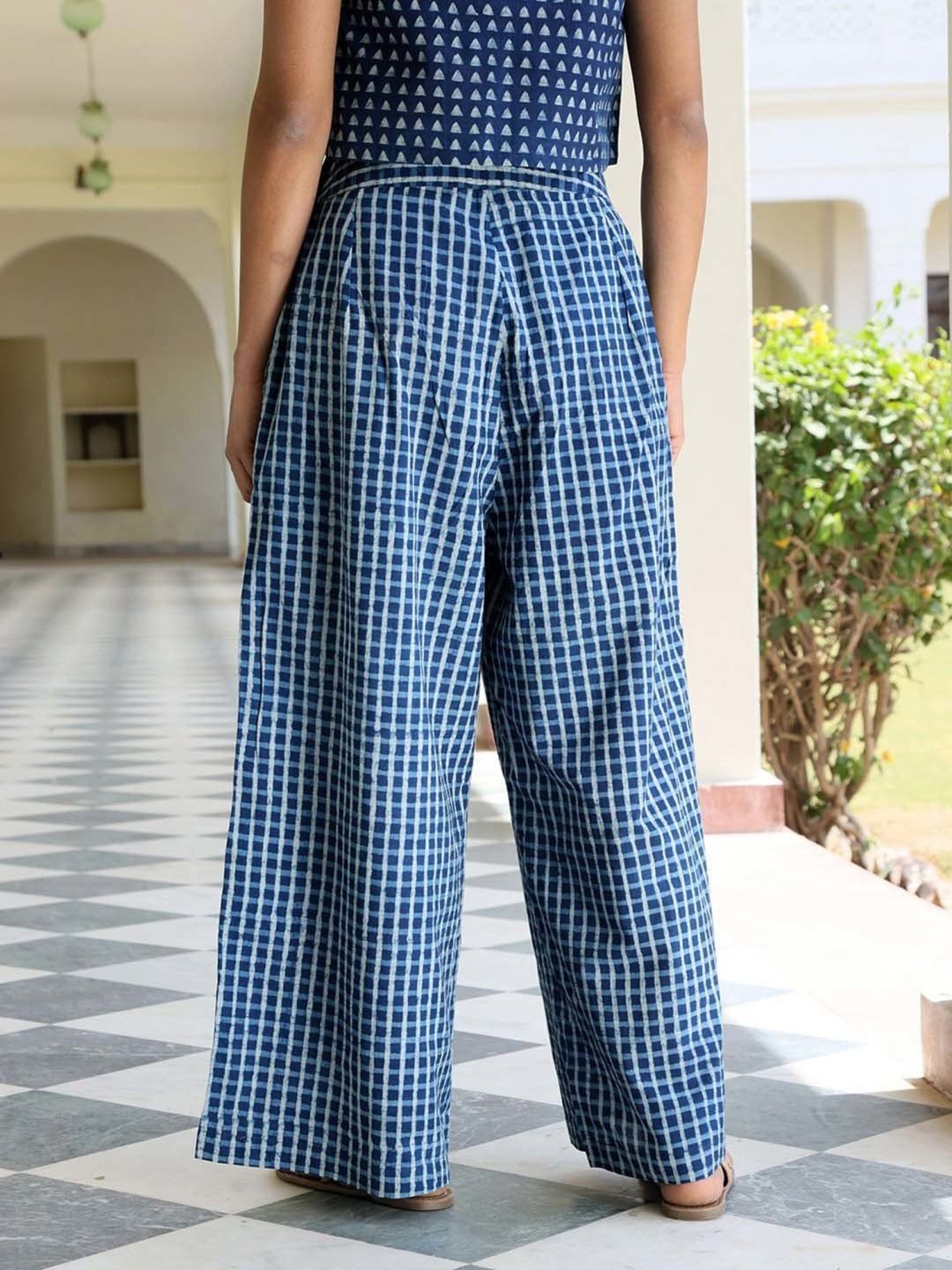 Okhai Indigo Pure Cotton Hand Block Print Regular Fit Mid Rise Palazzos