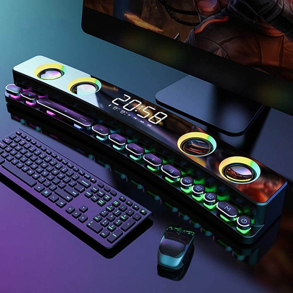 YIZAN Game Speaker Soundbar USB 3D Stereo Subwoofer AUX FM Home Clock Indoor Computer Loudspeaker White