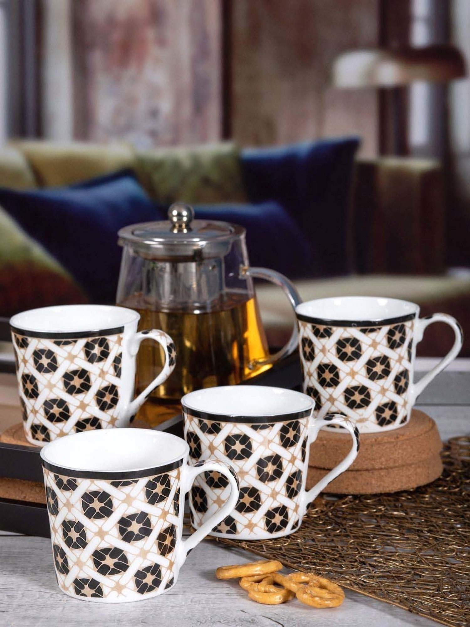 SONAKI White & Black Bone China Coffee Mug (0.2 L) - Set of 6
