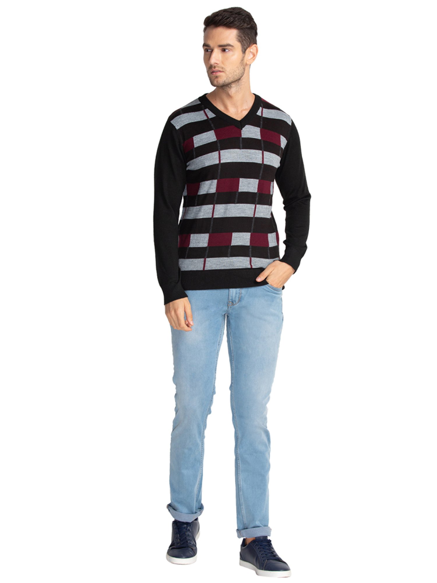 Parx Black Regular Fit Striped Sweaters