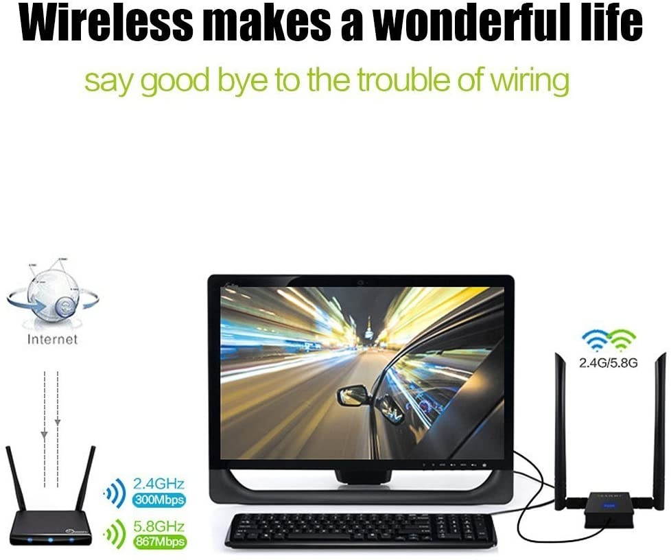 WiFi Adapter, USB 3.0 Wireless Adapter 802.11AC 1200Mbps Dual Band with 2.4G/5.8G 6DBI External Dual Antennas for PC Desktop Mac Windows