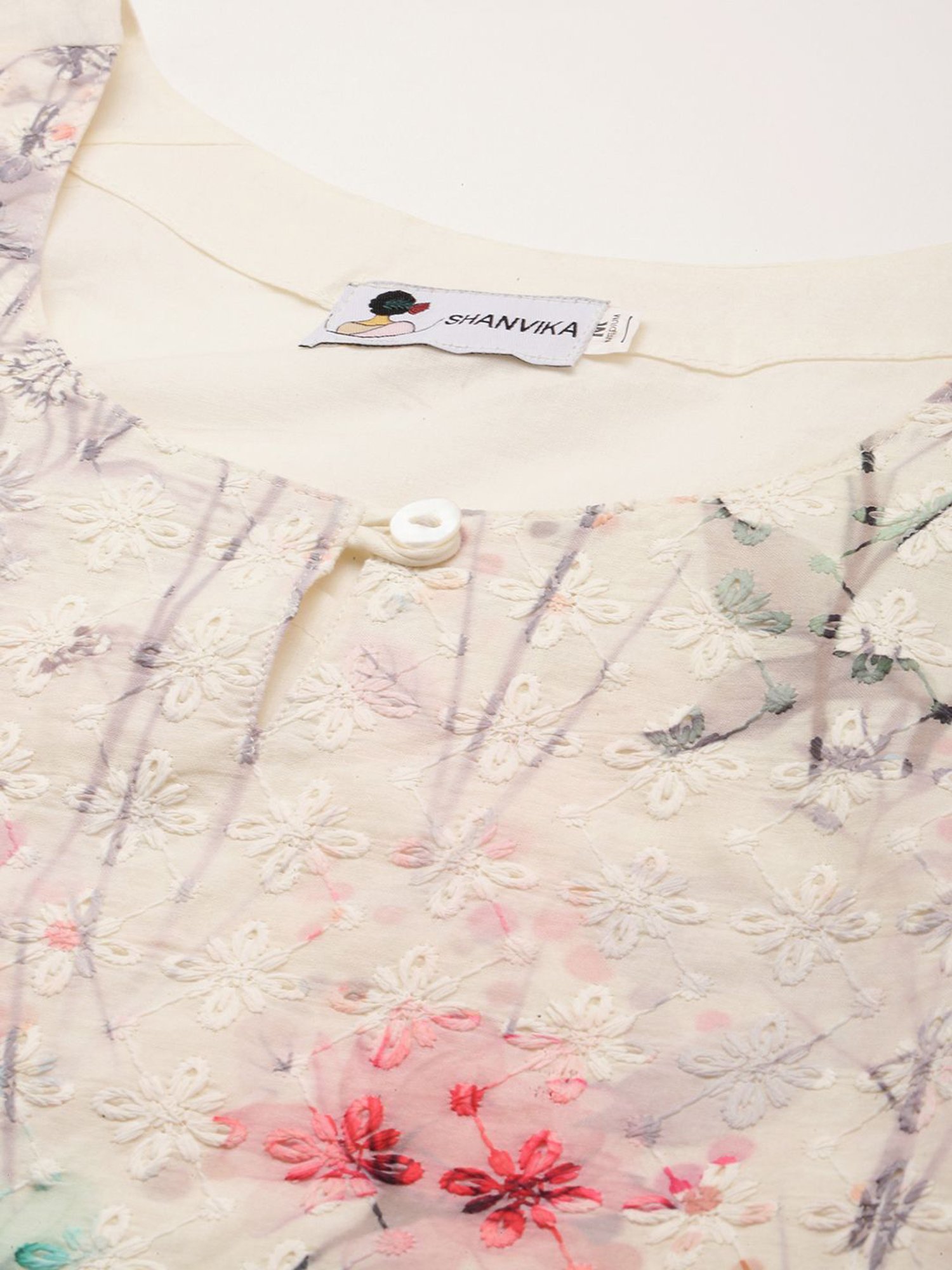 SHANVIKA Cream Embroidered Cotton Straight Kurta