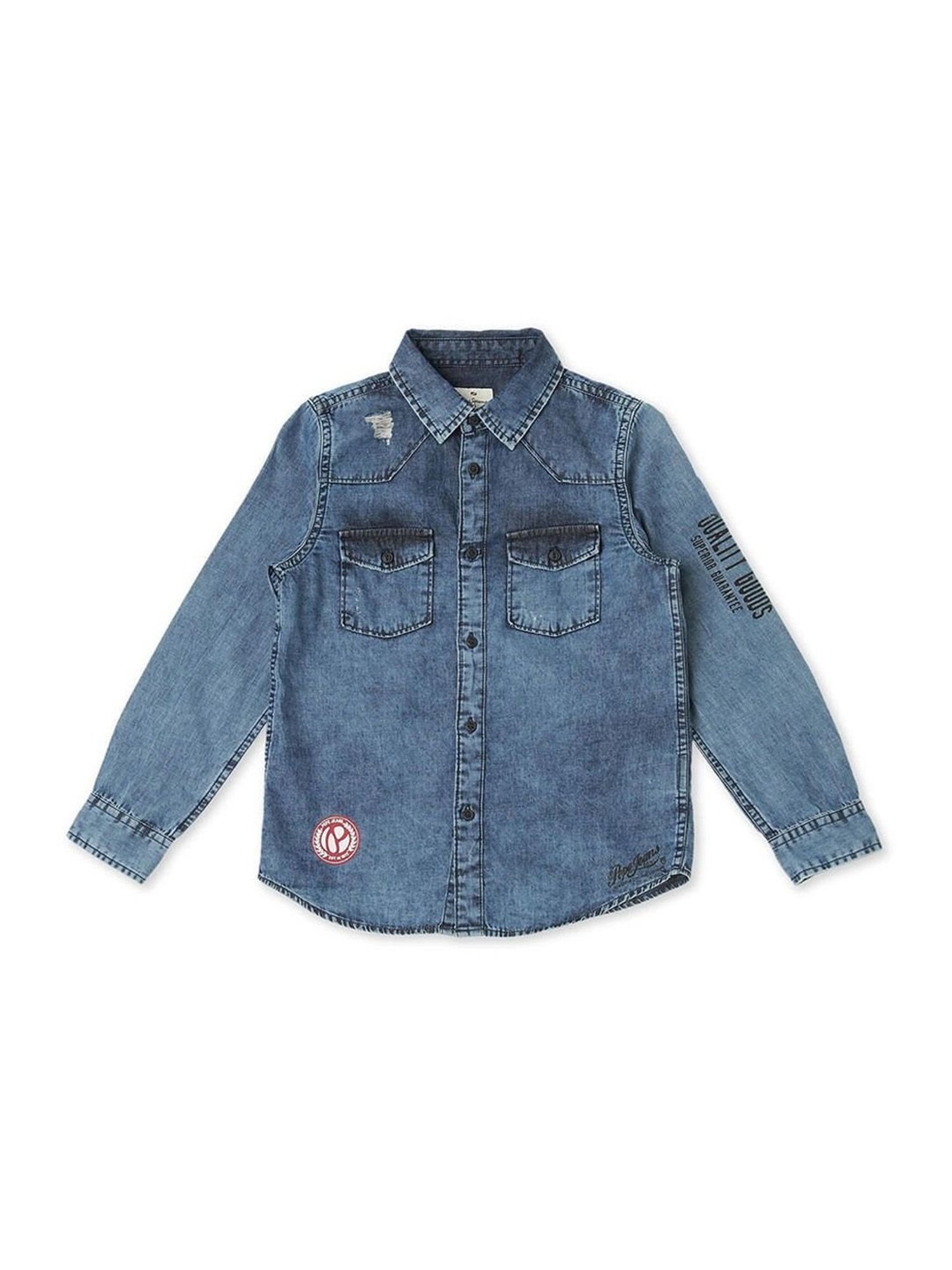 Pepe Jeans Kids Blue Cotton Embroidered Full Sleeves Shirt