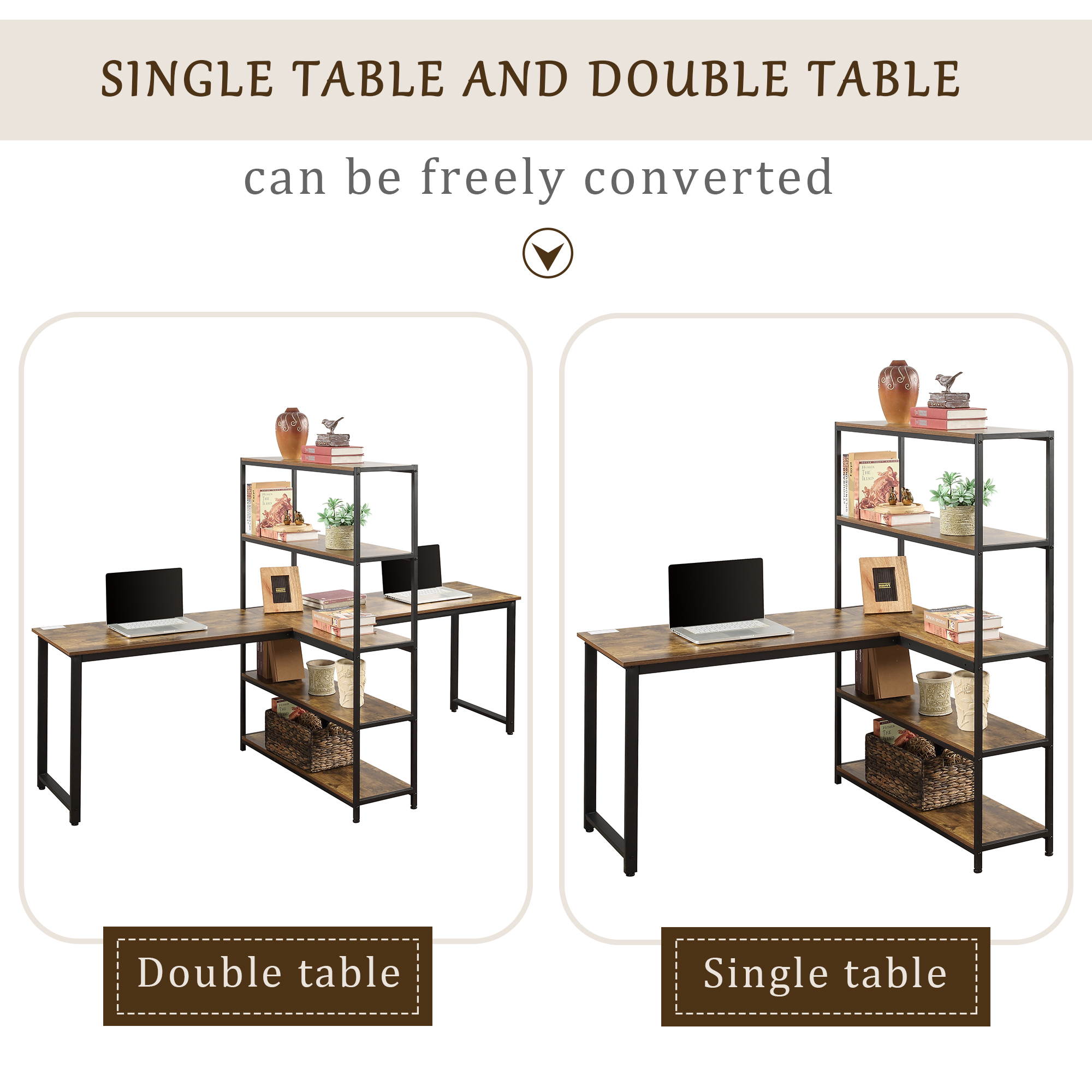 Home Office Two Person Computer Desk with Shelves Extra Large Double Workstations Office Desk Gaming Desk with Storage Shelves Brown