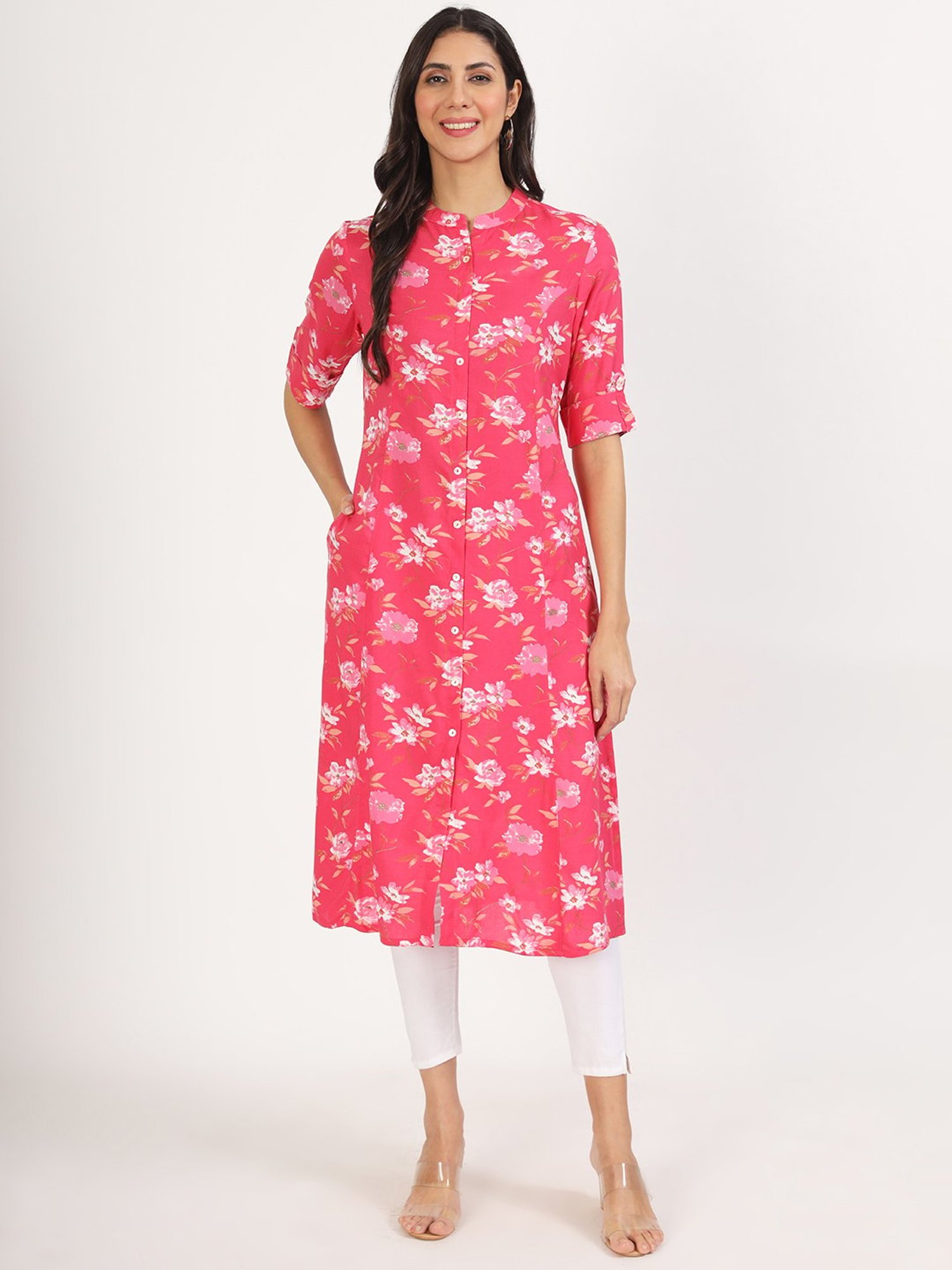 Divena Pink Floral Print A Line Kurta