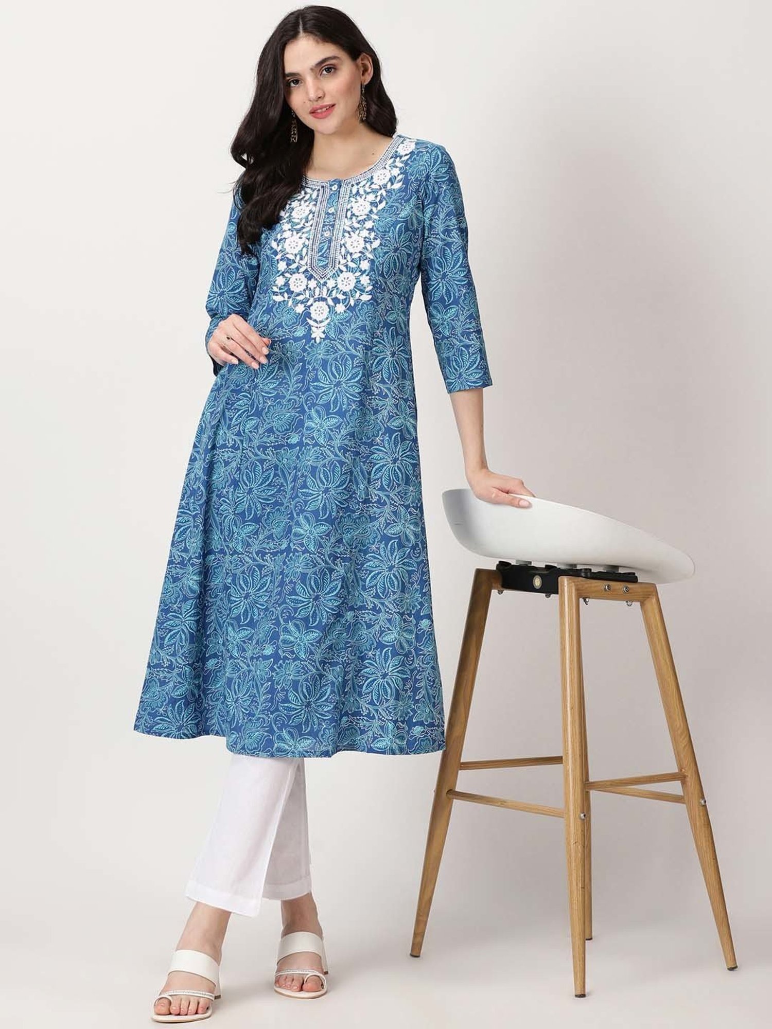 Saffron Threads Blue Embroidered A Line Kurta