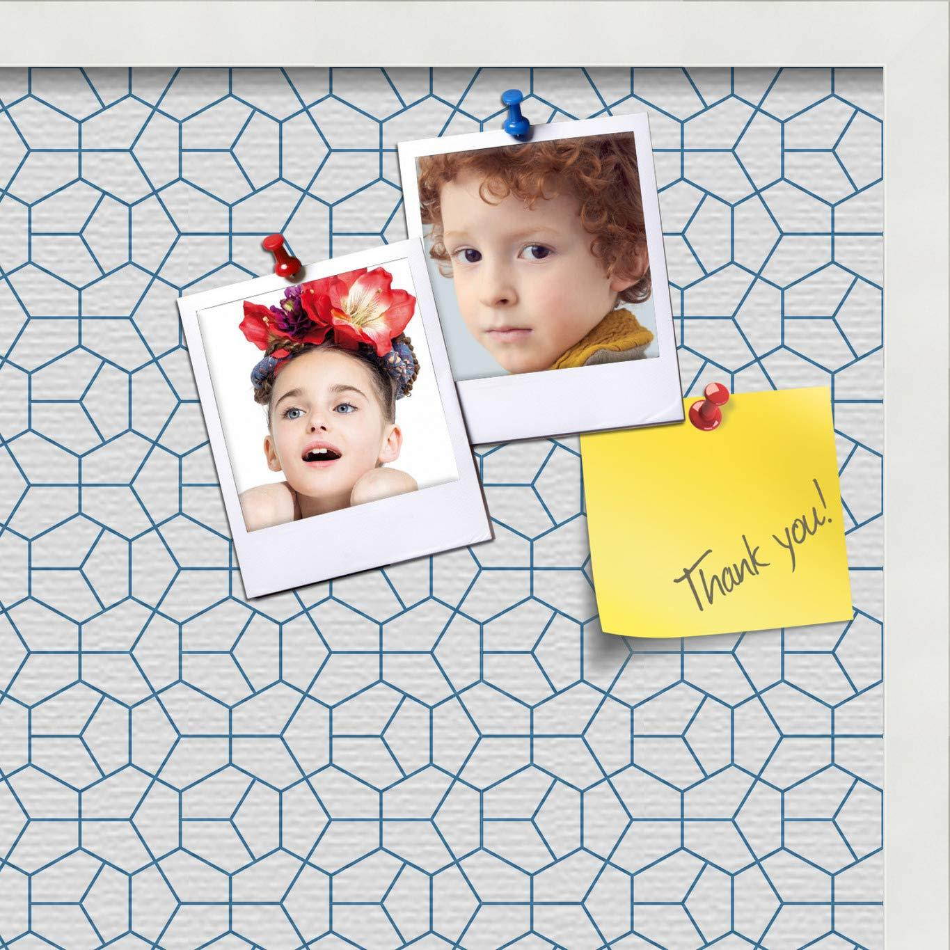 PinPix custom printed pin cork bulletin board made from canvas, Modeco Hex Navy 24x24 Inches (Completed Size) and framed in Satin White Frame (PinPix-Group-65)