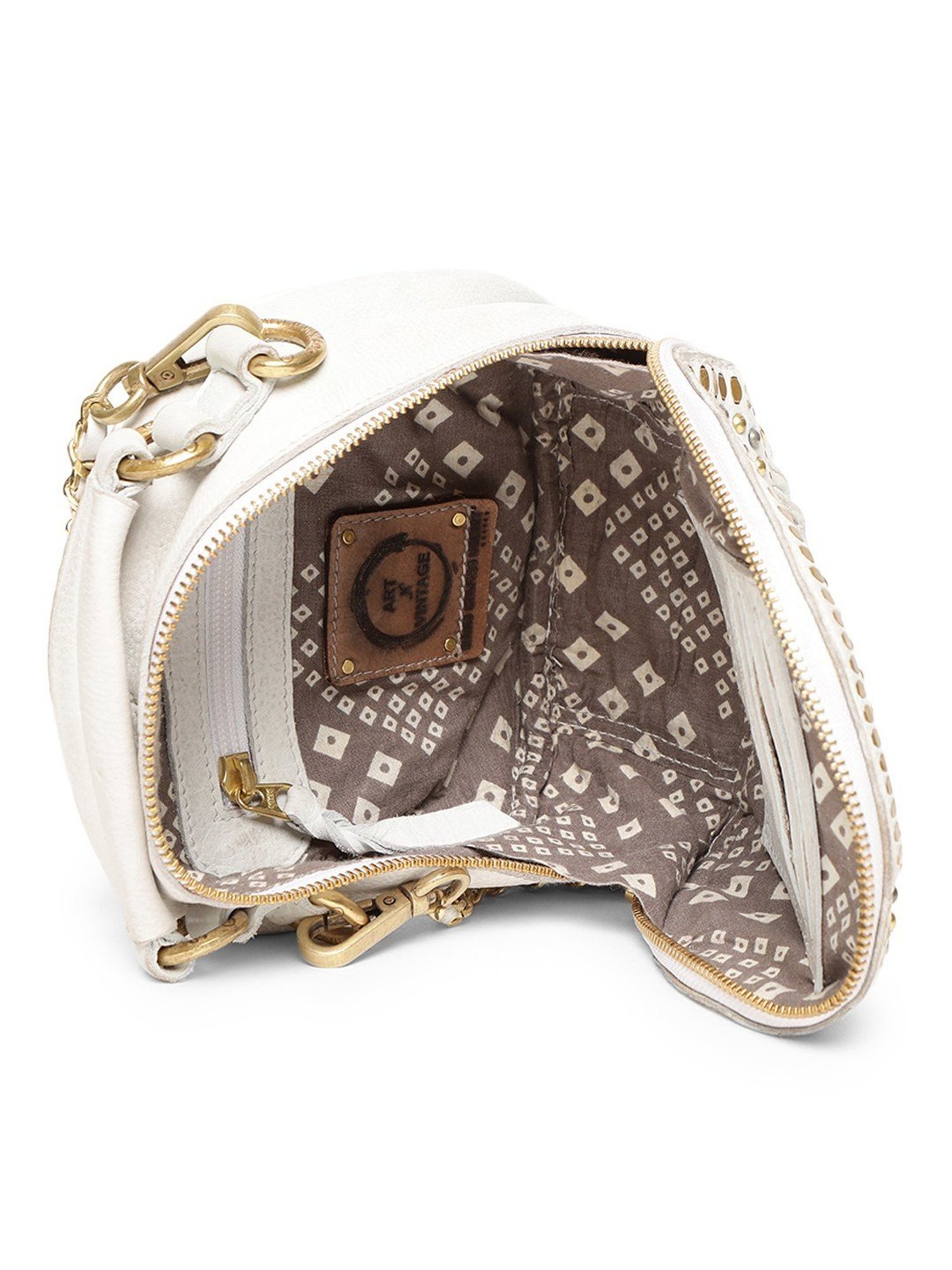 Art N Vintage Chic Riveted Elegance White Leather Embellished Small Handbag