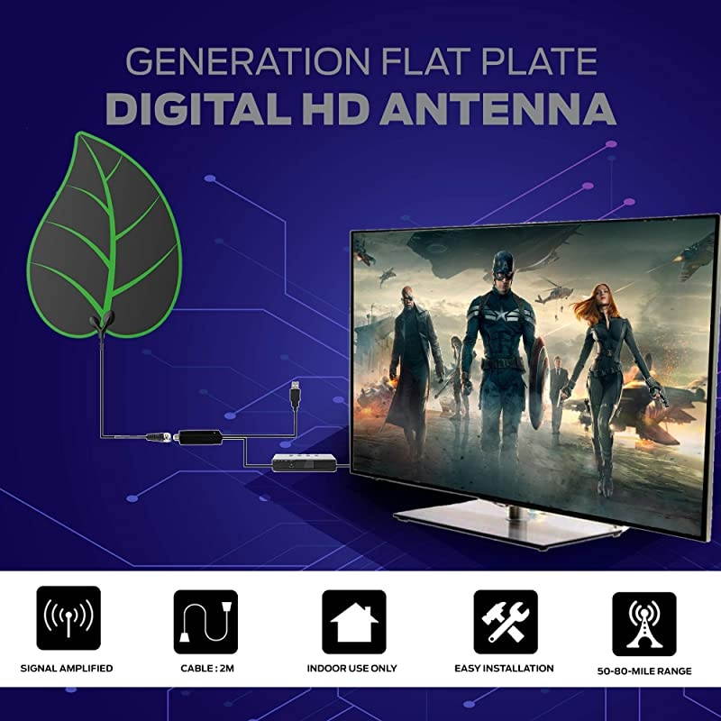 Antenna for Digital Indoor-HD High Definition Television &ndash; Smart Signal Strength Amplifier Premium Power Booster Long Range Antennas, Clear Channel Reception Miles Away - Adapter with 9.8f Cable