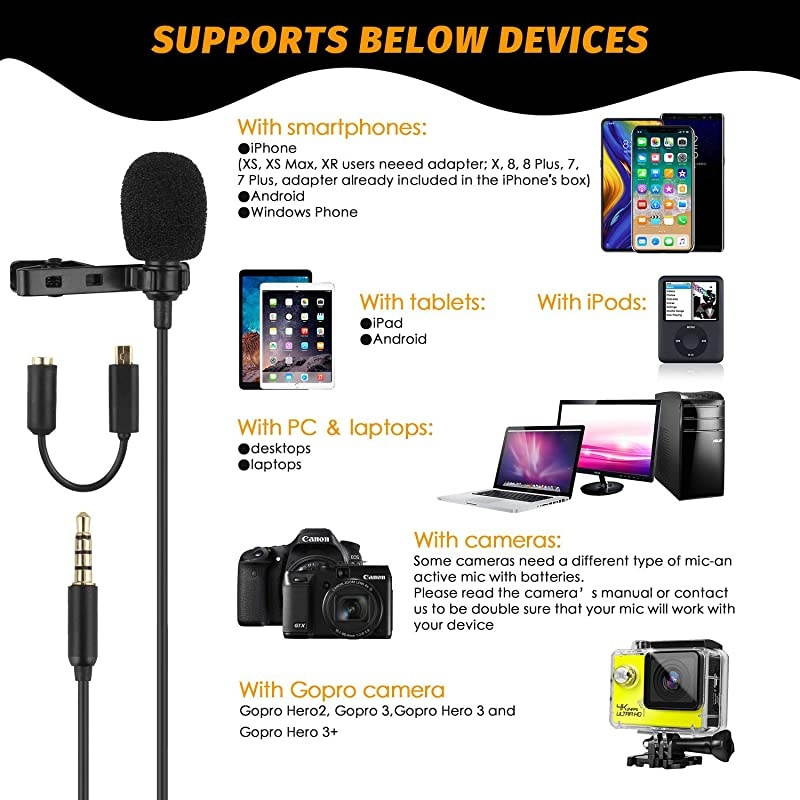 Lapel Microphone Kit Clip on Omnidirectional Lav Mic for iPhone Ipad DSLR Camcorder Zoom PC MacBook Android SmartphonesLapel Mic for YouTube Streaming Video Recording