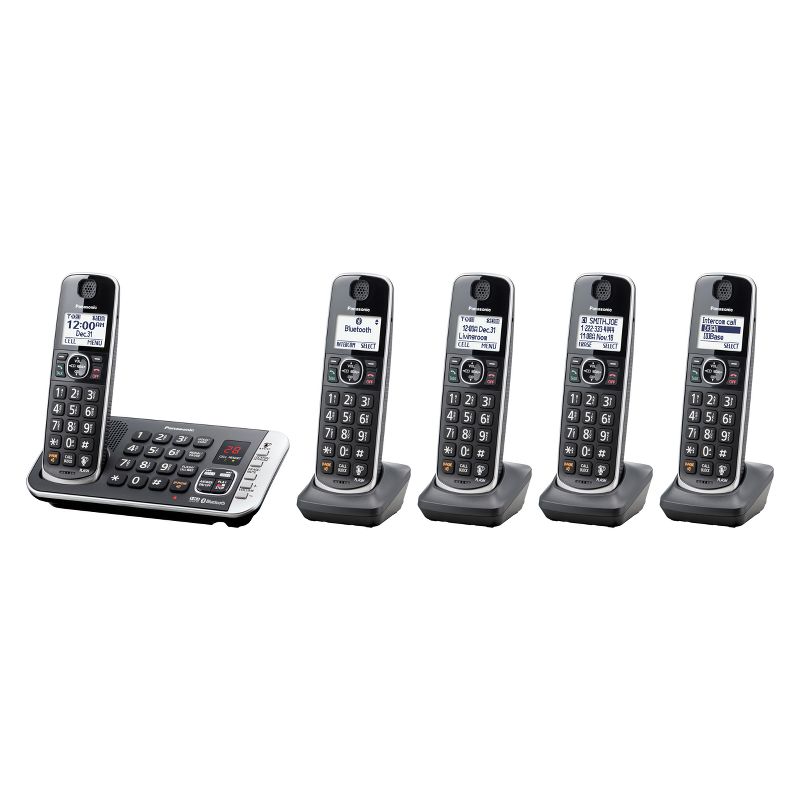 Panasonic Cordless Phone with Link to Cell and Digital Answering Machine, 5 Handsets - Black (KX-TGE675B)
