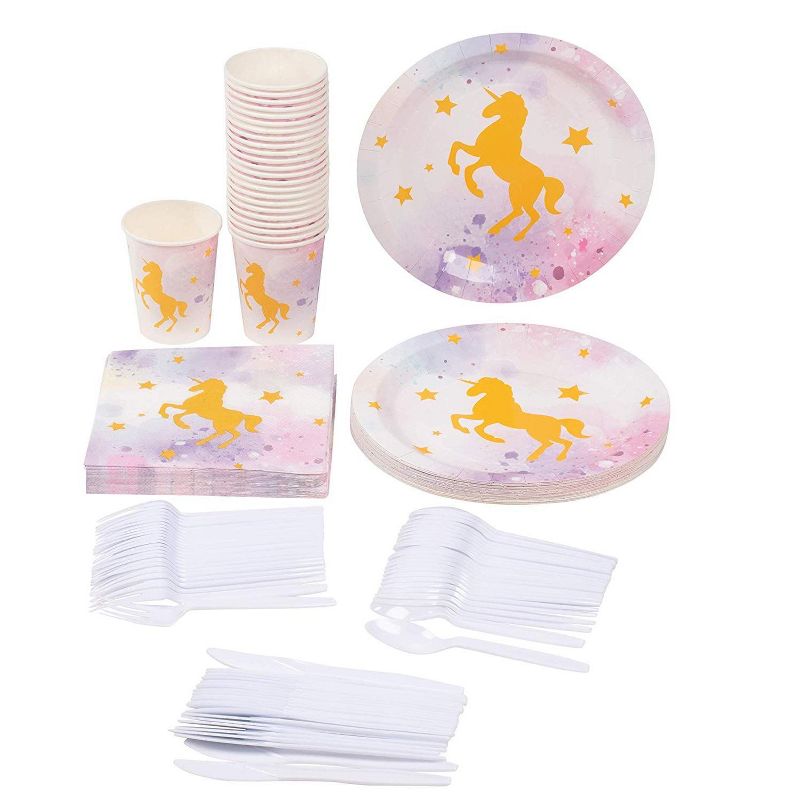 Juvale 144-Piece Serves 24 Unicorn Party Supplies - Disposable Plates, Napkins, Cups & Cutlery