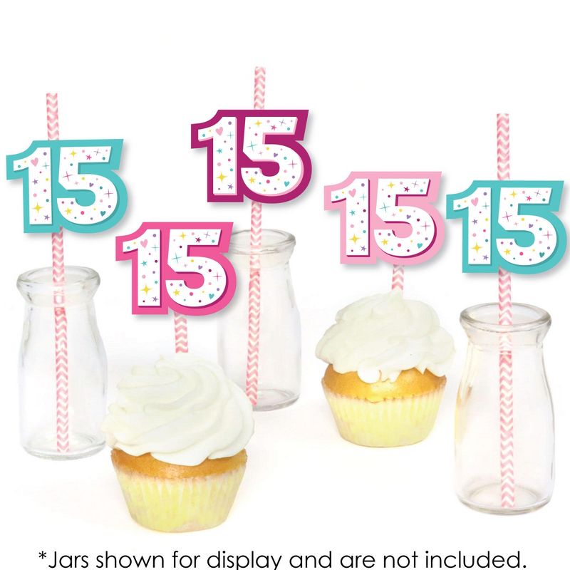 Big Dot of Happiness Girl 15th Birthday - Paper Straw Decor - Teen Birthday Party Striped Decorative Straws - Set of 24
