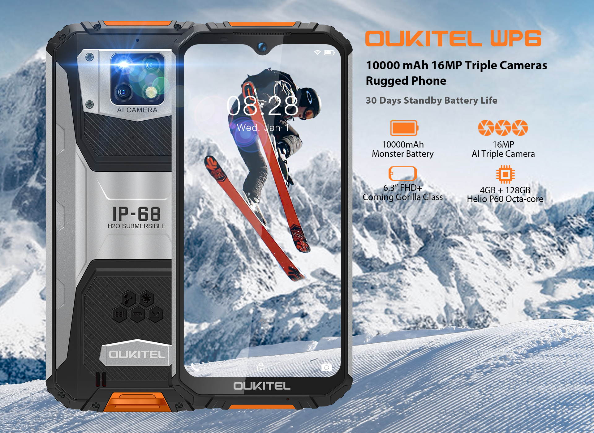 Rugged Mobile Phone (2020) OUKITEL WP6, with 10000 mAh Battery (18 W Fast Charge), 48 MP Quad Camera, Helio P70 6GB + 128GB, 6.3 Inch FHD + Gorilla Glass